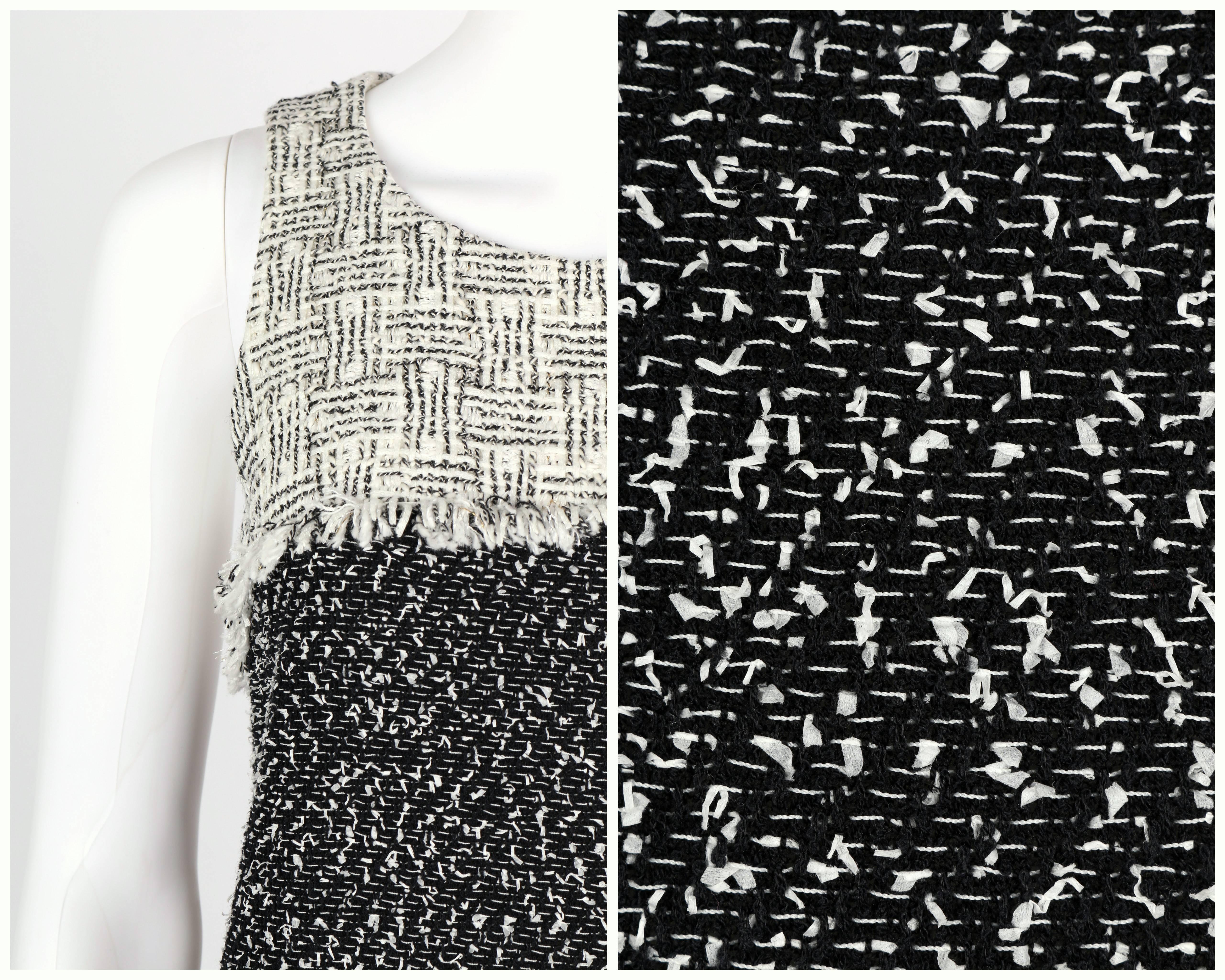 CHANEL 2014 Black White Boucle Tweed Fringe Sleeveless Shift Mini Dress Size 36 3
