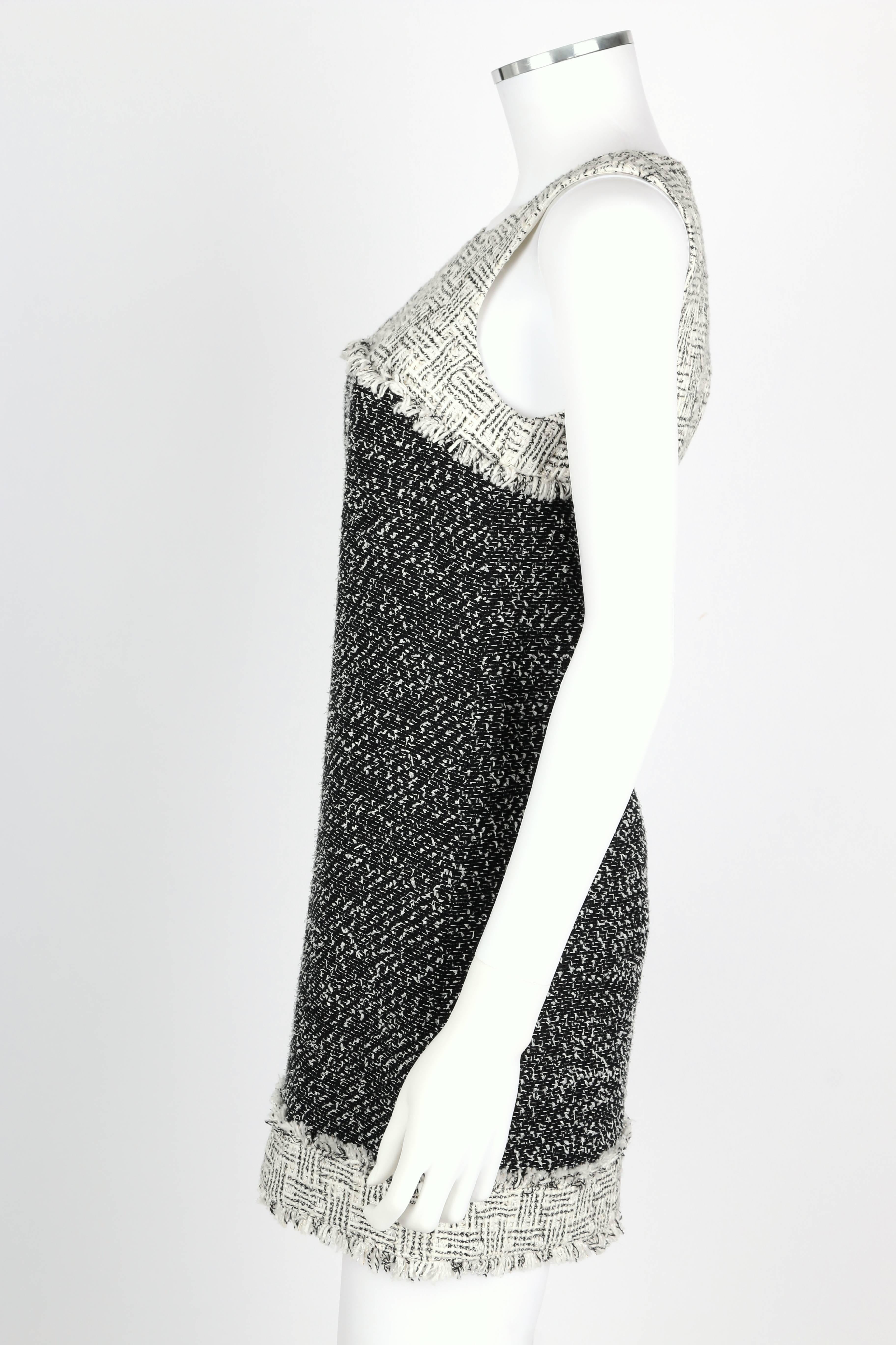 CHANEL 2014 Black White Boucle Tweed Fringe Sleeveless Shift Mini Dress Size 36 1