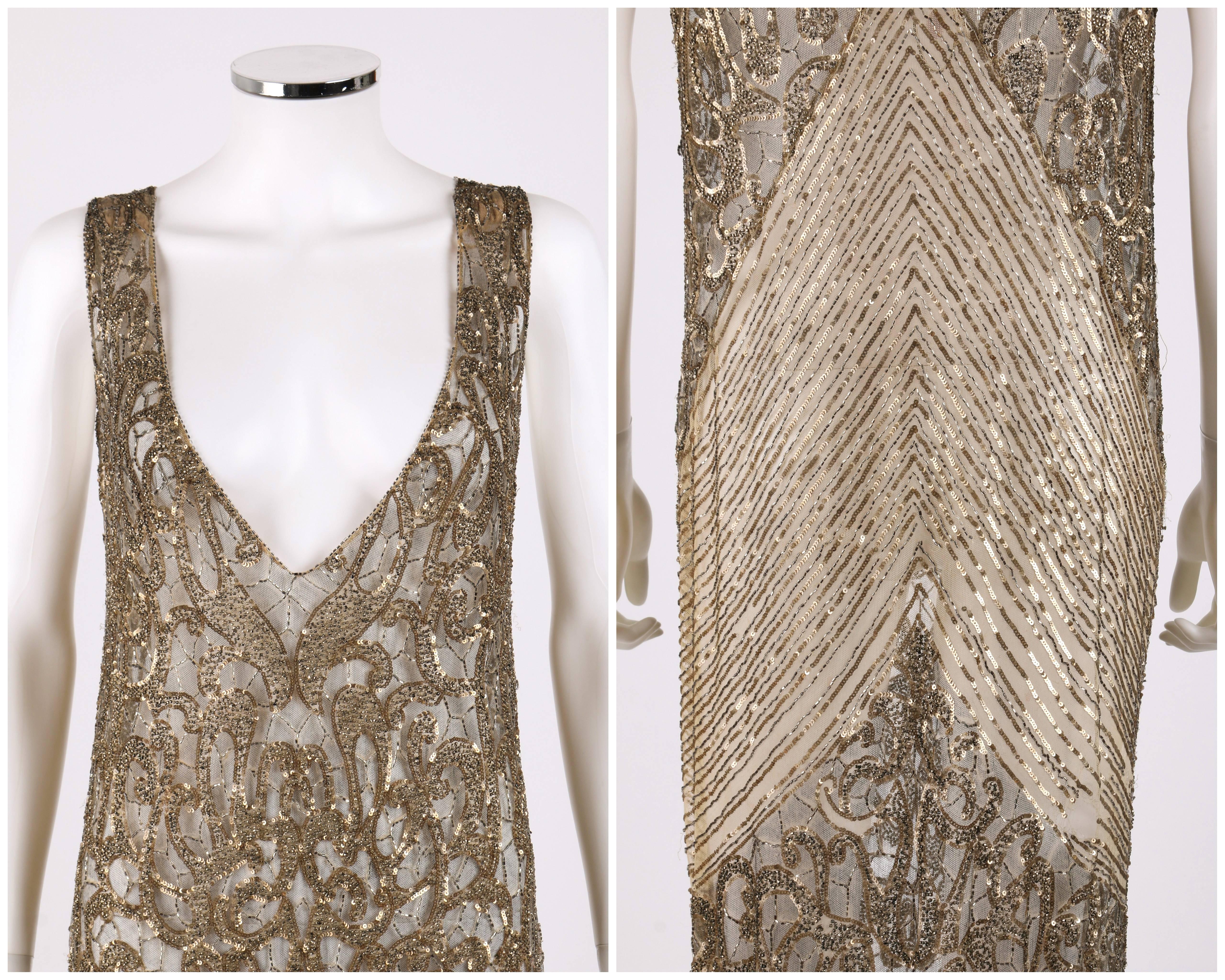 Brown Couture c.1920's Gold Sequin Beaded Net Plunging Flapper Art Deco Evening Dress
