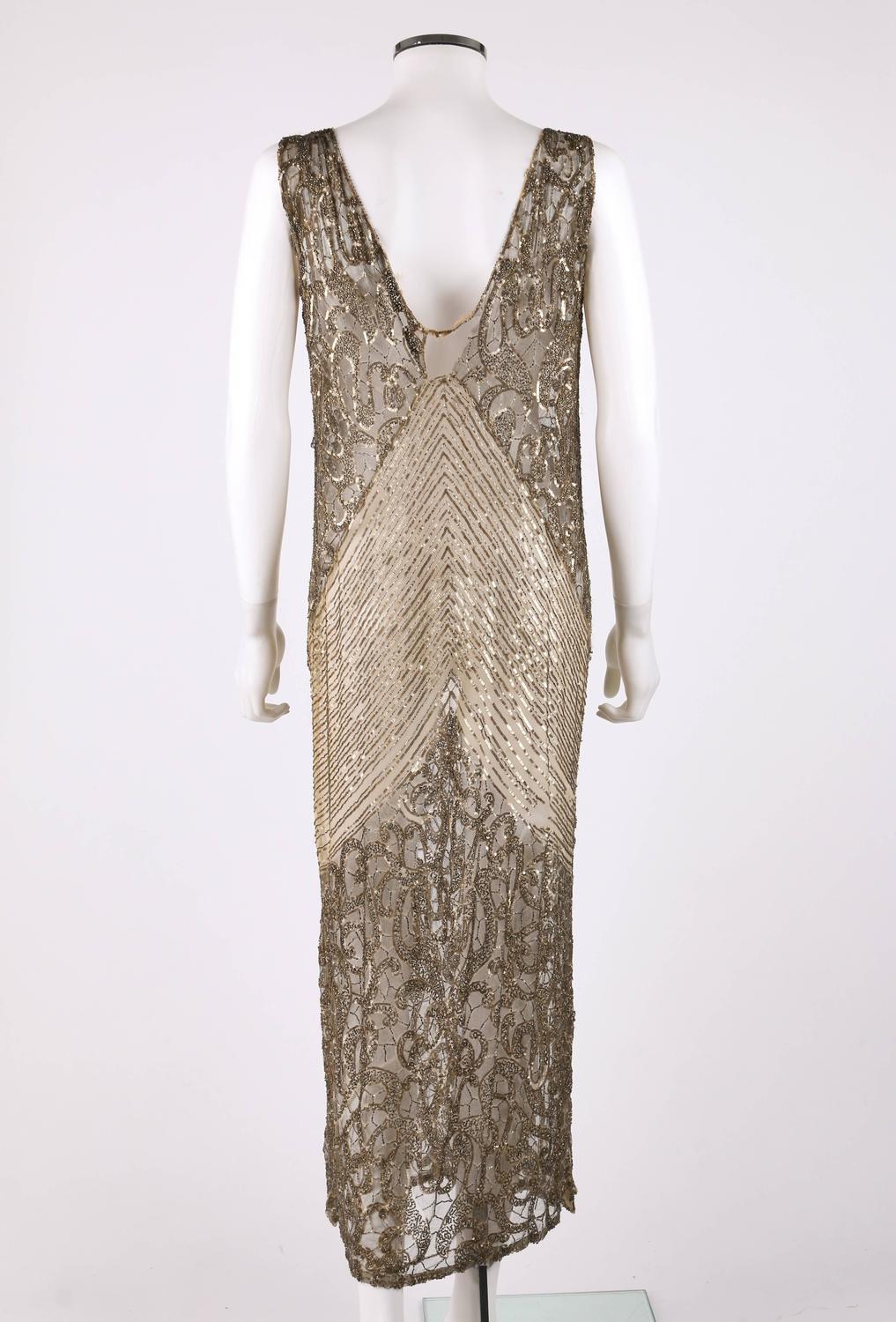 Couture c.1920's Gold Sequin Beaded Net Plunging Flapper Art Deco ...