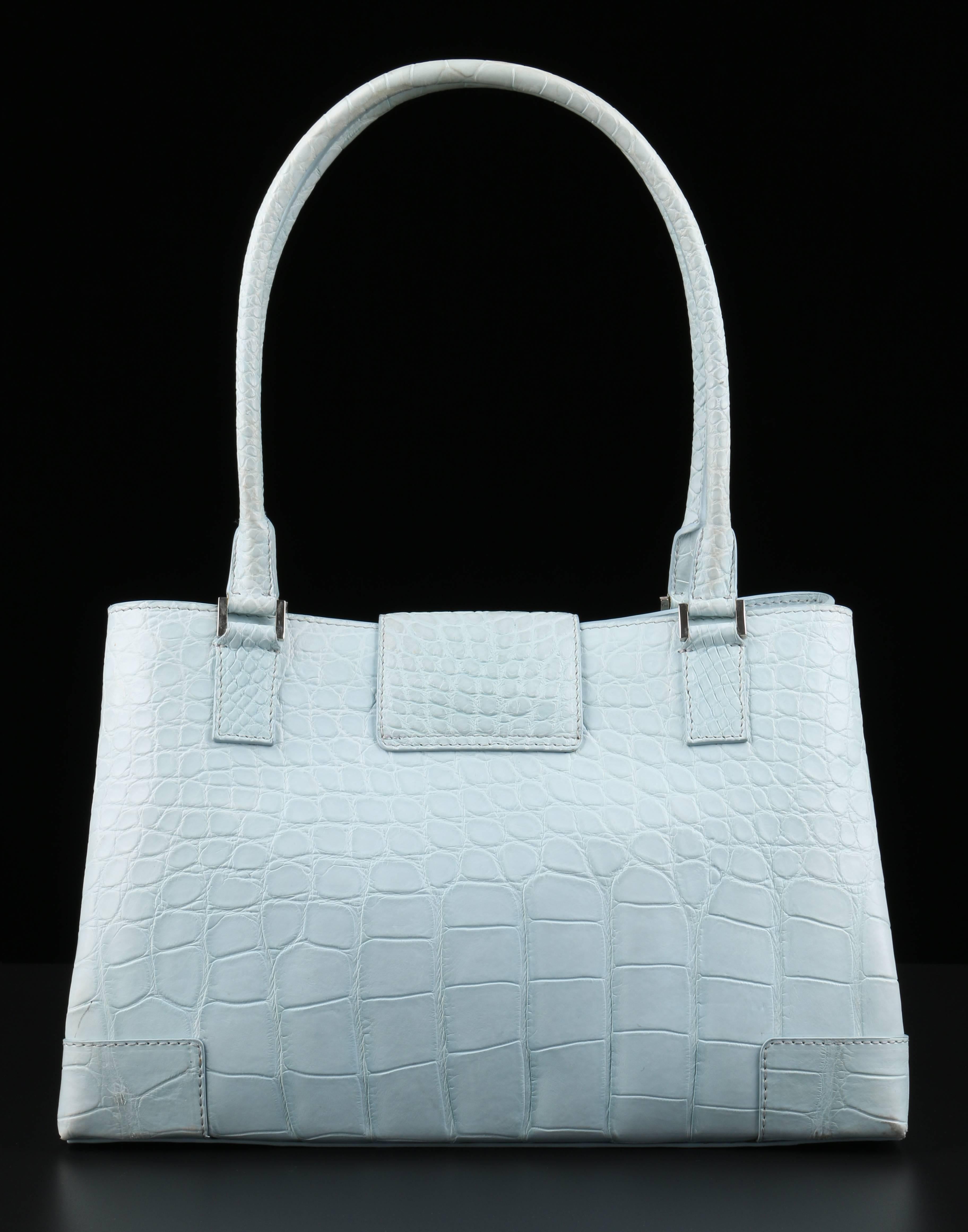 Lambertson Truex light blue genuine alligator framed satchel purse. Top flap with silver-tone signature 