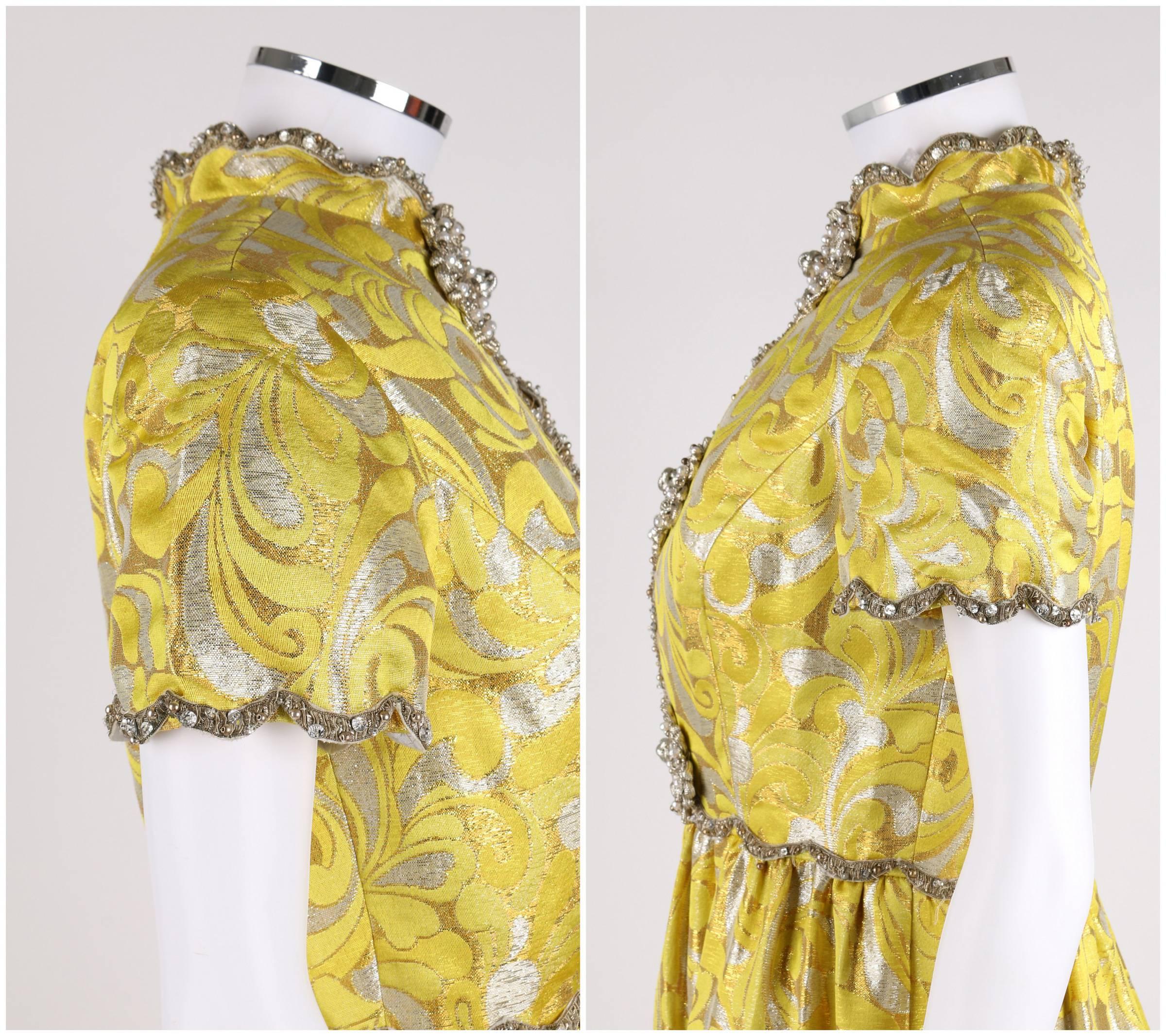 Women's OSCAR de la RENTA c.1968 Yellow Lurex Brocade Silk Beaded Evening Gown Dress