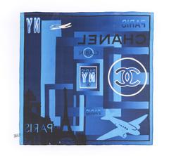 CHANEL c.2008 Paris NYC Blue Navy 100% Silk Airplane Jet Set Chanel Cabin Scarf