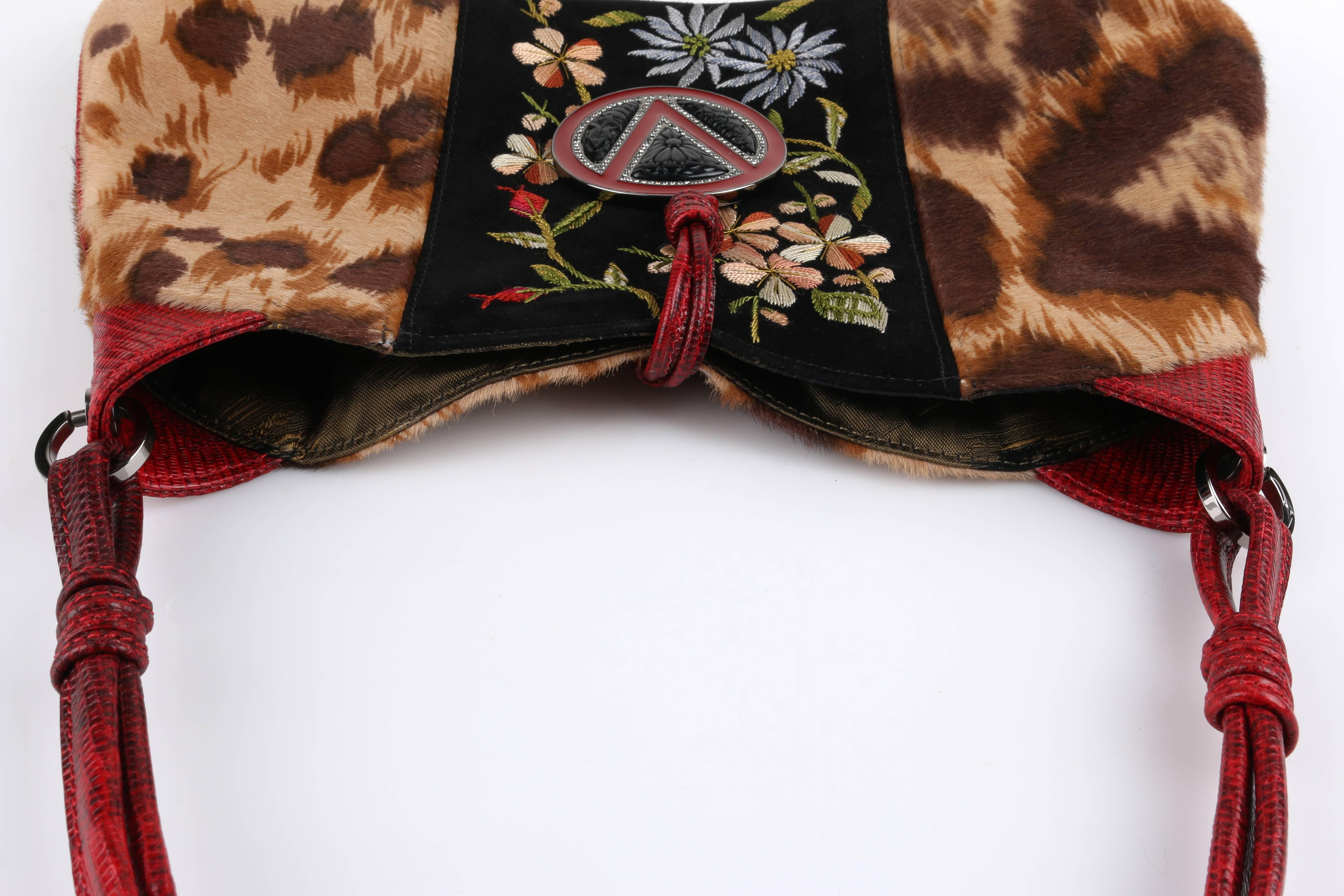 VALENTINO GARAVANI Pony Hair Lizard Skin Leather Floral Embroidered Handbag In Excellent Condition In Thiensville, WI