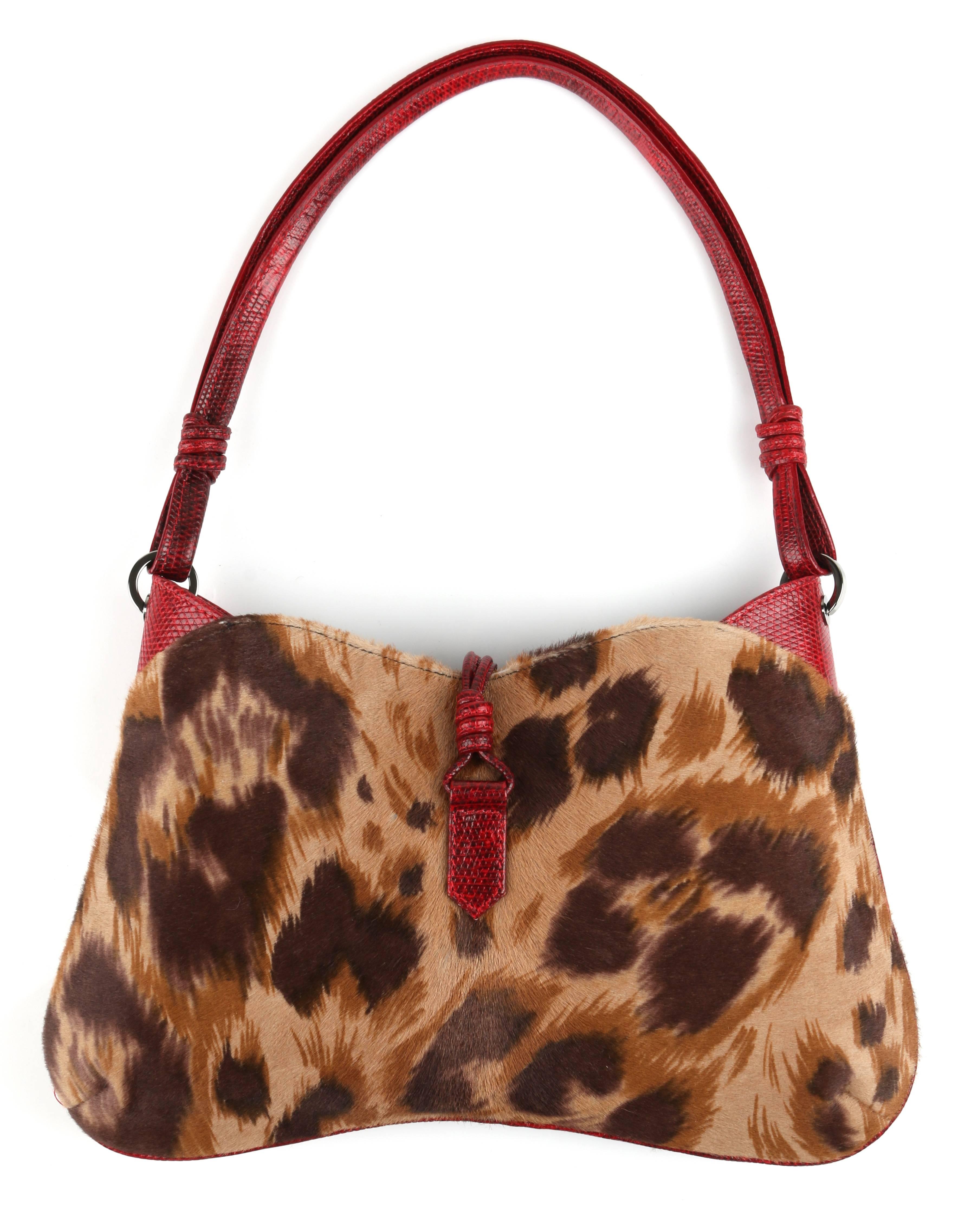 Valentino Garavani pony hair shoulder bag / purse. Body of the bag is a light and dark brown animal print pony hair. Center front is floral embroidered black suede. Piping, trim and shoulder strap are a red lizard skin leather. Closure is a weighted
