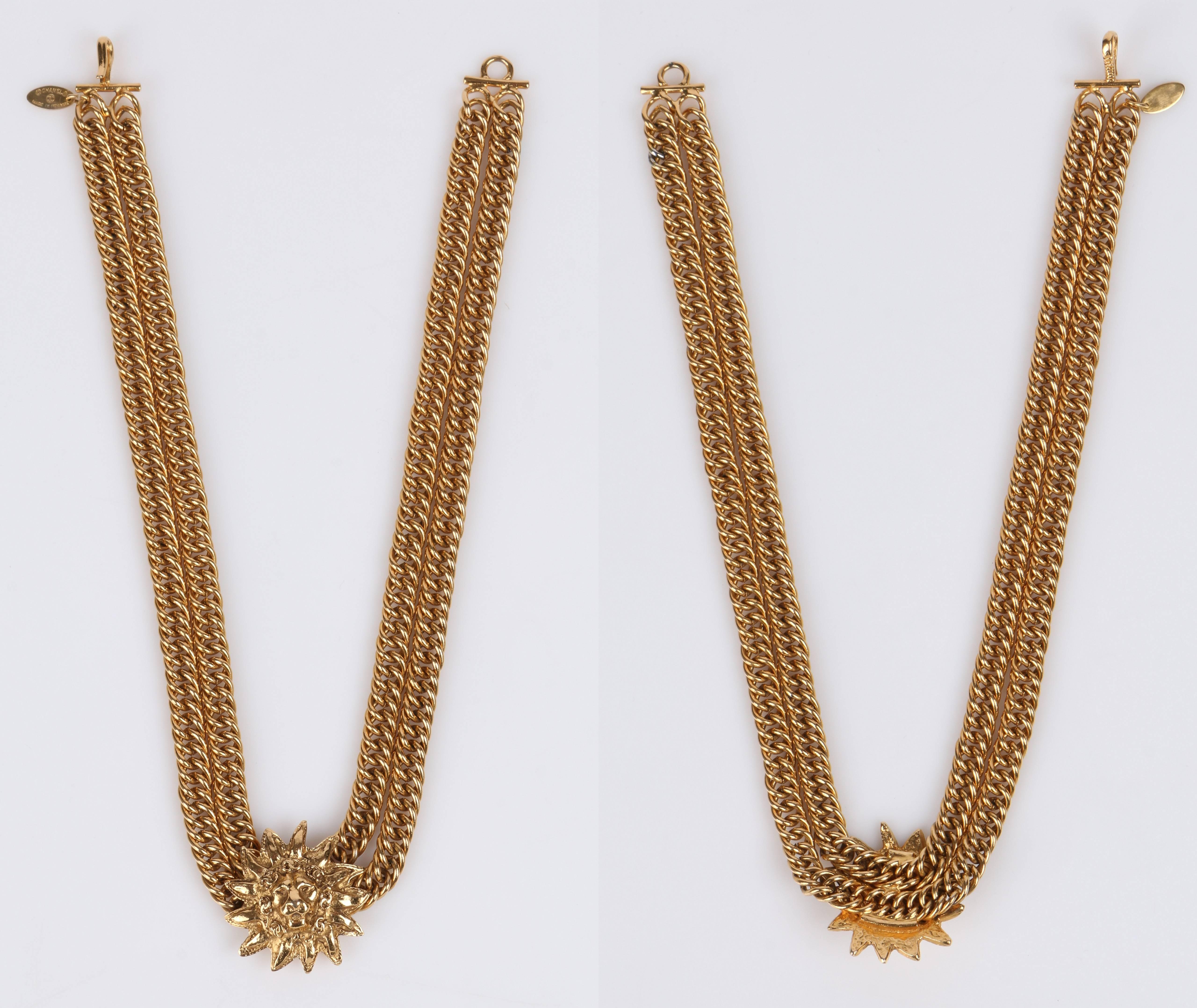 Women's CHANEL 1980s CC Gold France Logo Lion Leo Sun Pendant Chunky Curb Chain Necklace