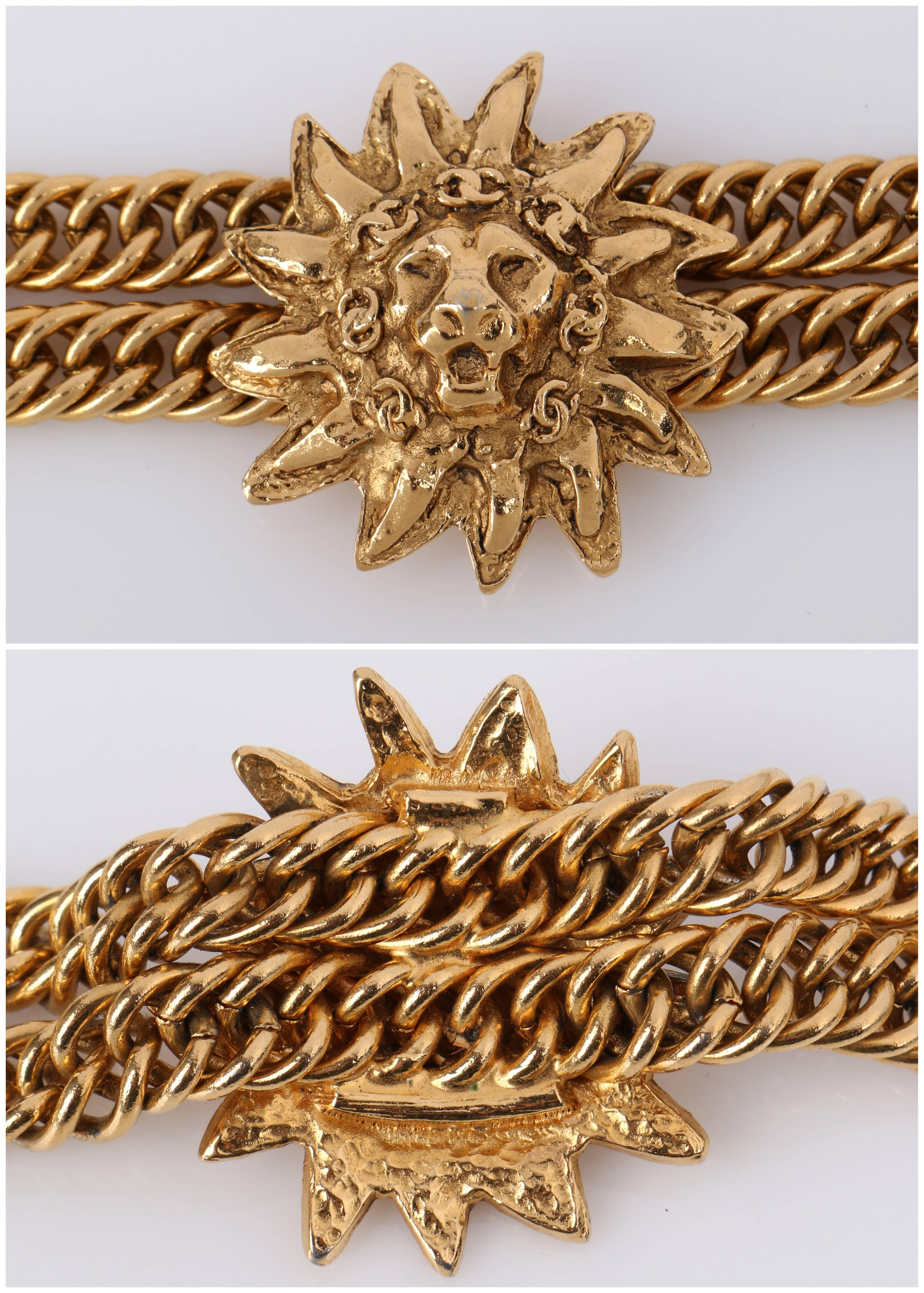 CHANEL 1980s CC Gold France Logo Lion Leo Sun Pendant Chunky Curb Chain Necklace 2
