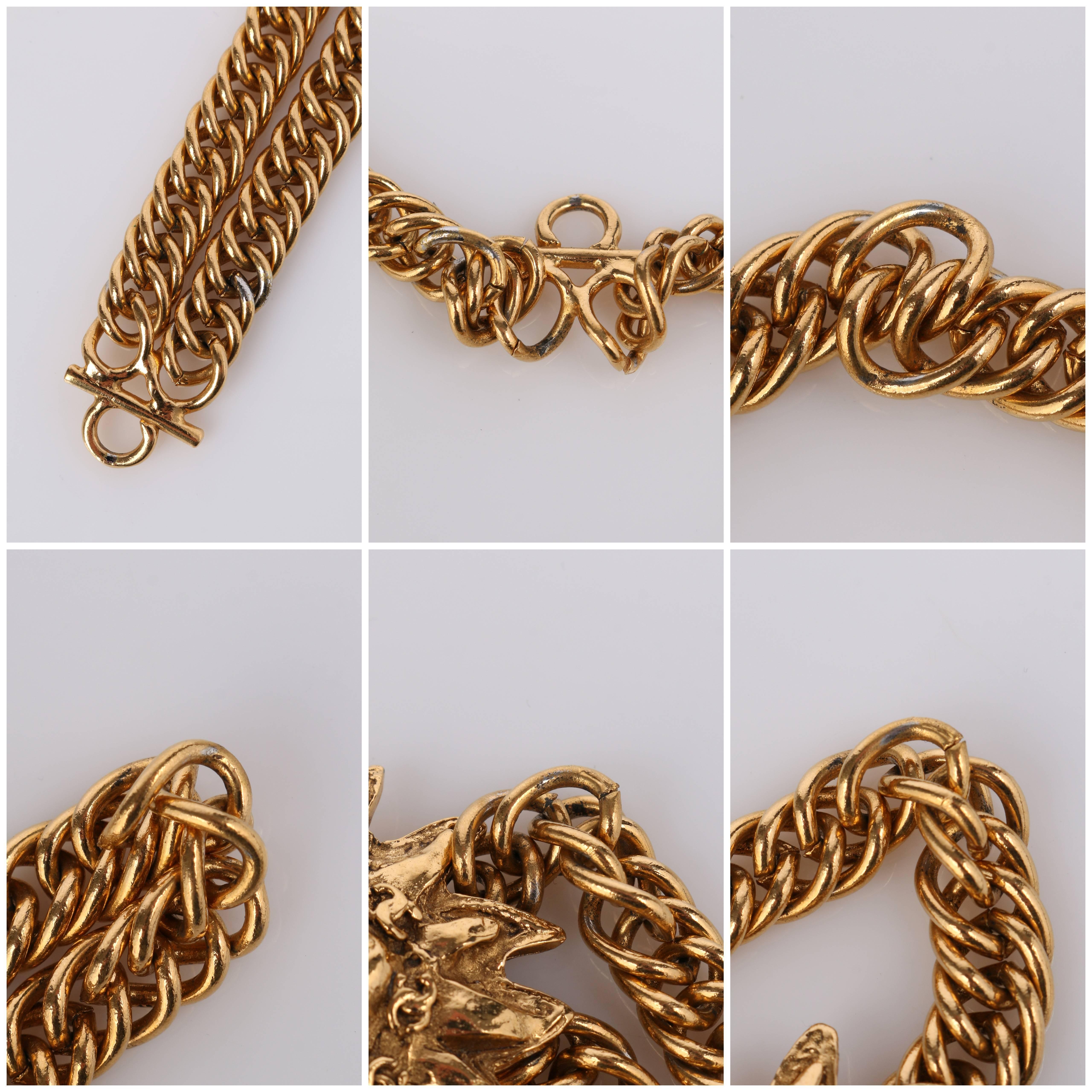 CHANEL 1980s CC Gold France Logo Lion Leo Sun Pendant Chunky Curb Chain Necklace 4