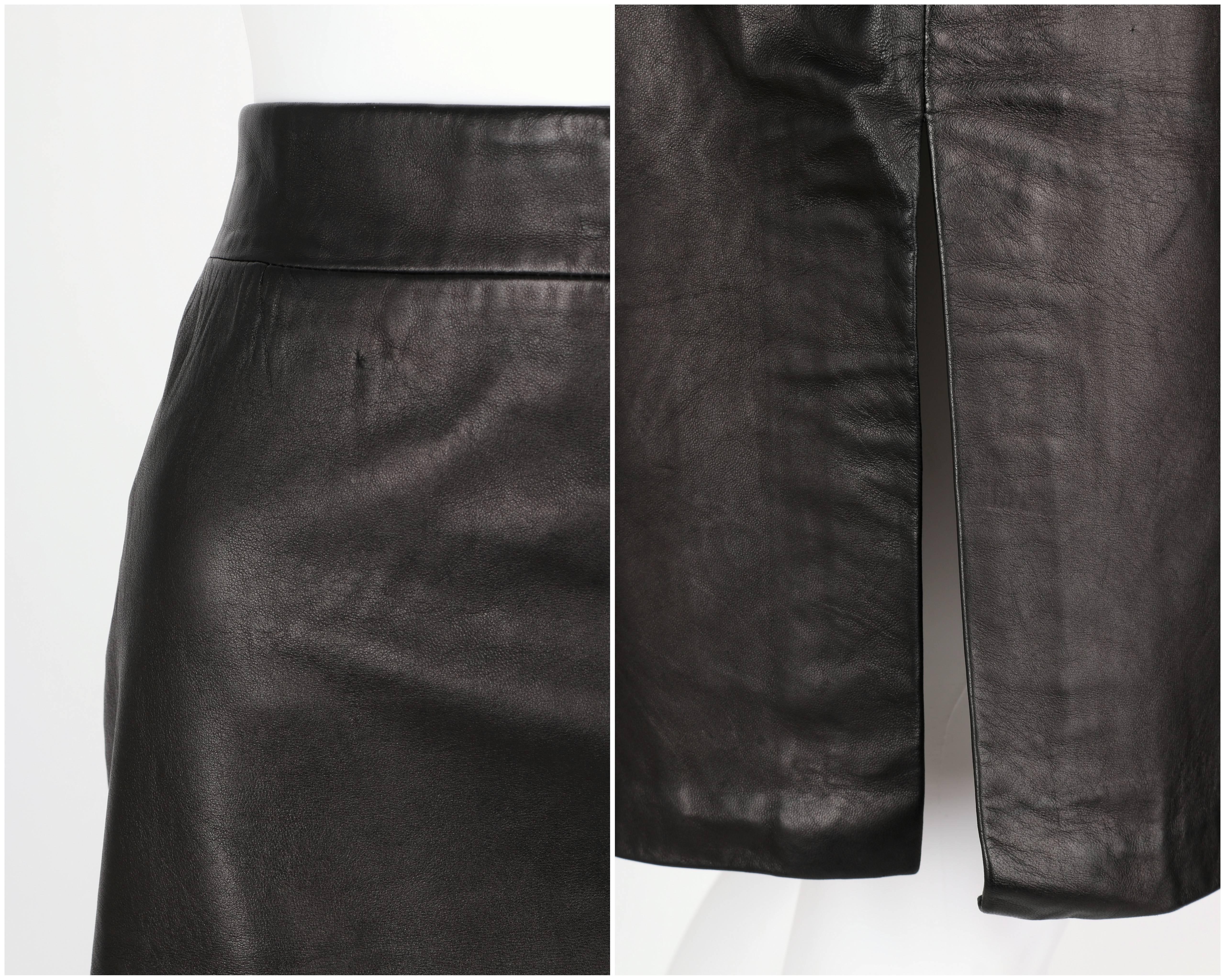 PIERRE CARDIN c.1970's Black Genuine Leather Deer Applique A-line Skirt Size 12 2