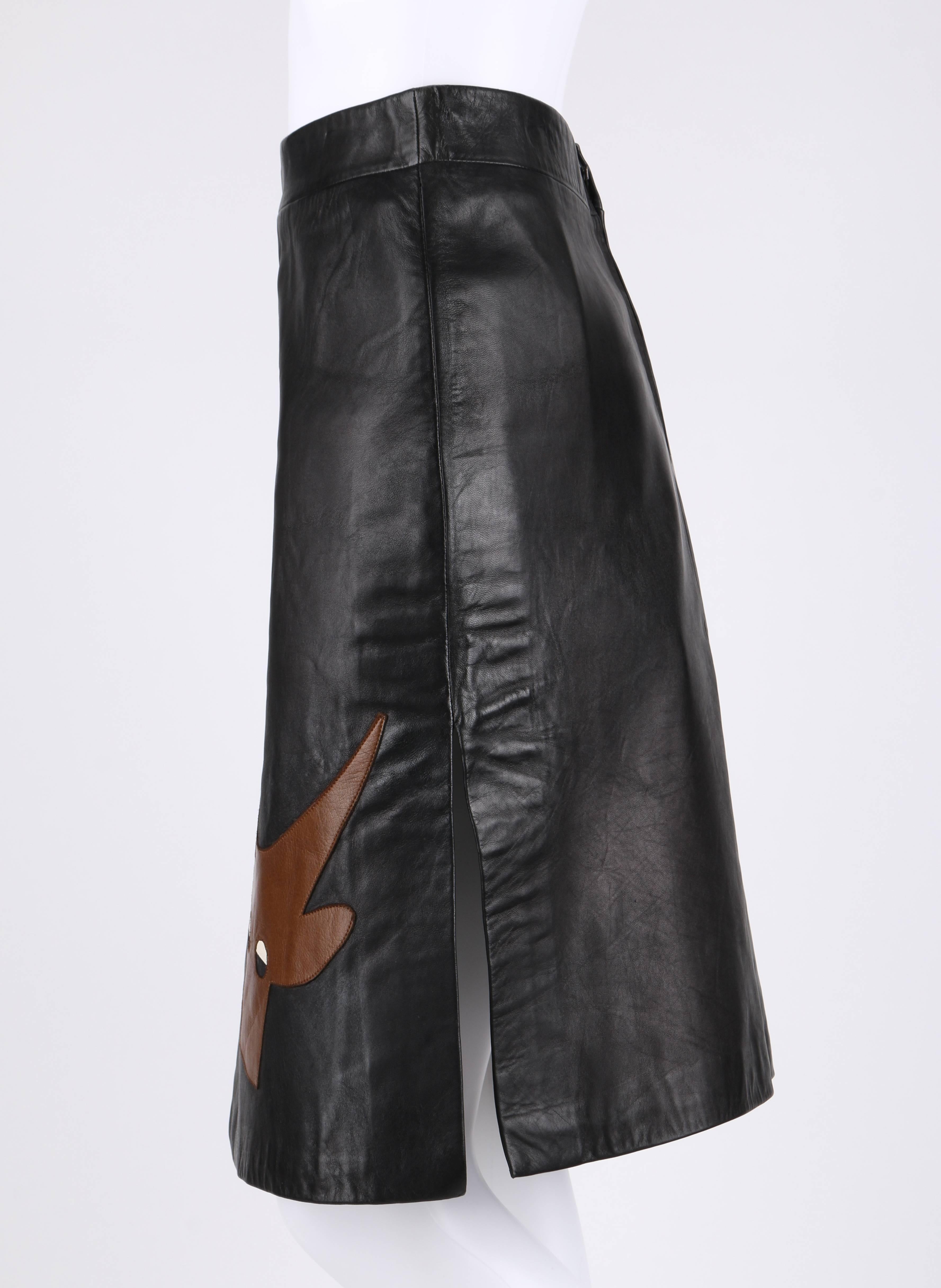 Women's PIERRE CARDIN c.1970's Black Genuine Leather Deer Applique A-line Skirt Size 12