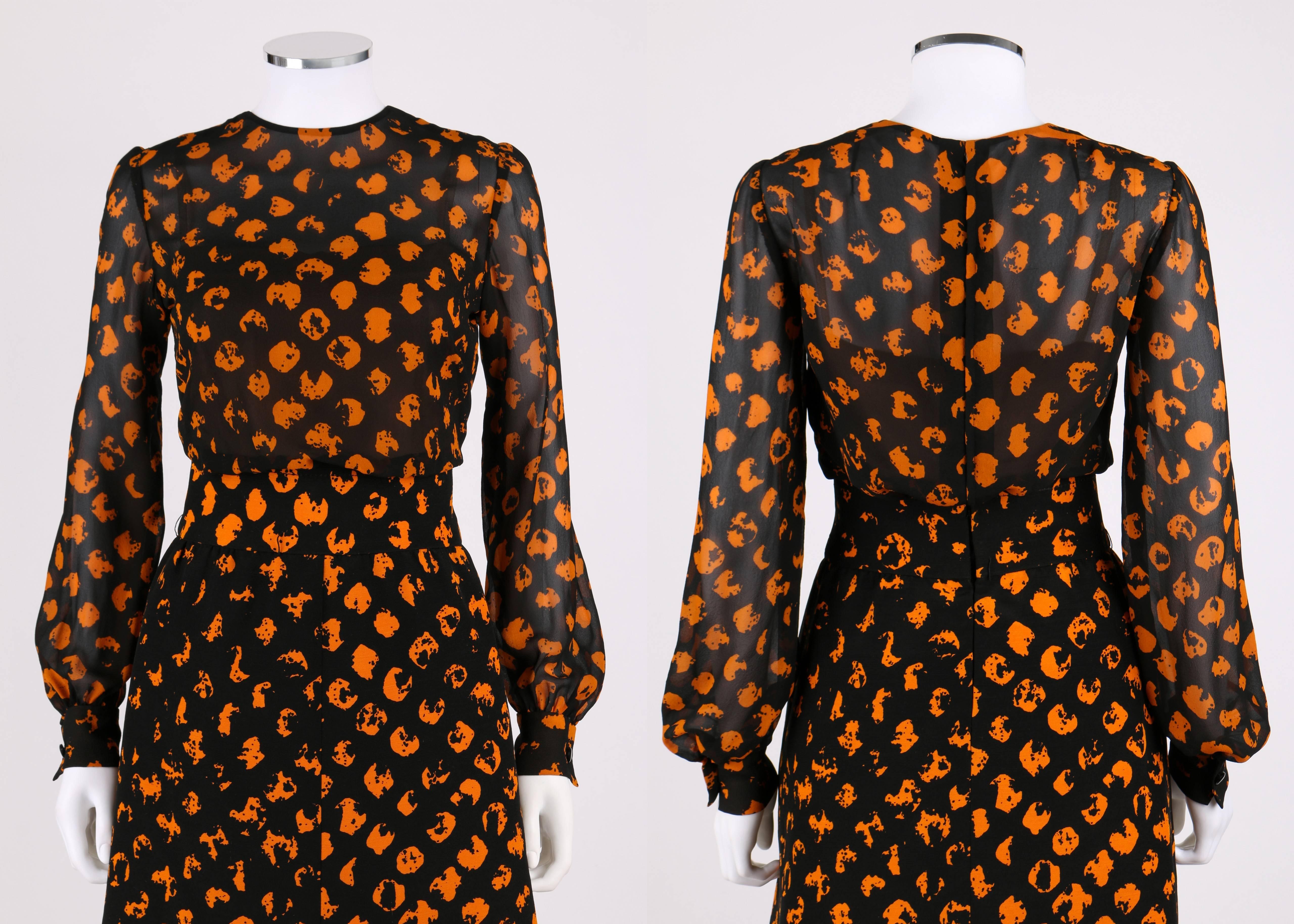 Vintage Christian Dior Haute Couture designed by Marc Bohn Autumn/Winter 1972 black and orange stylized polka dot print blouse and skirt set. Round neckline blouse with nude attached camisole underneath. Bishop sleeve with snap and button closure at
