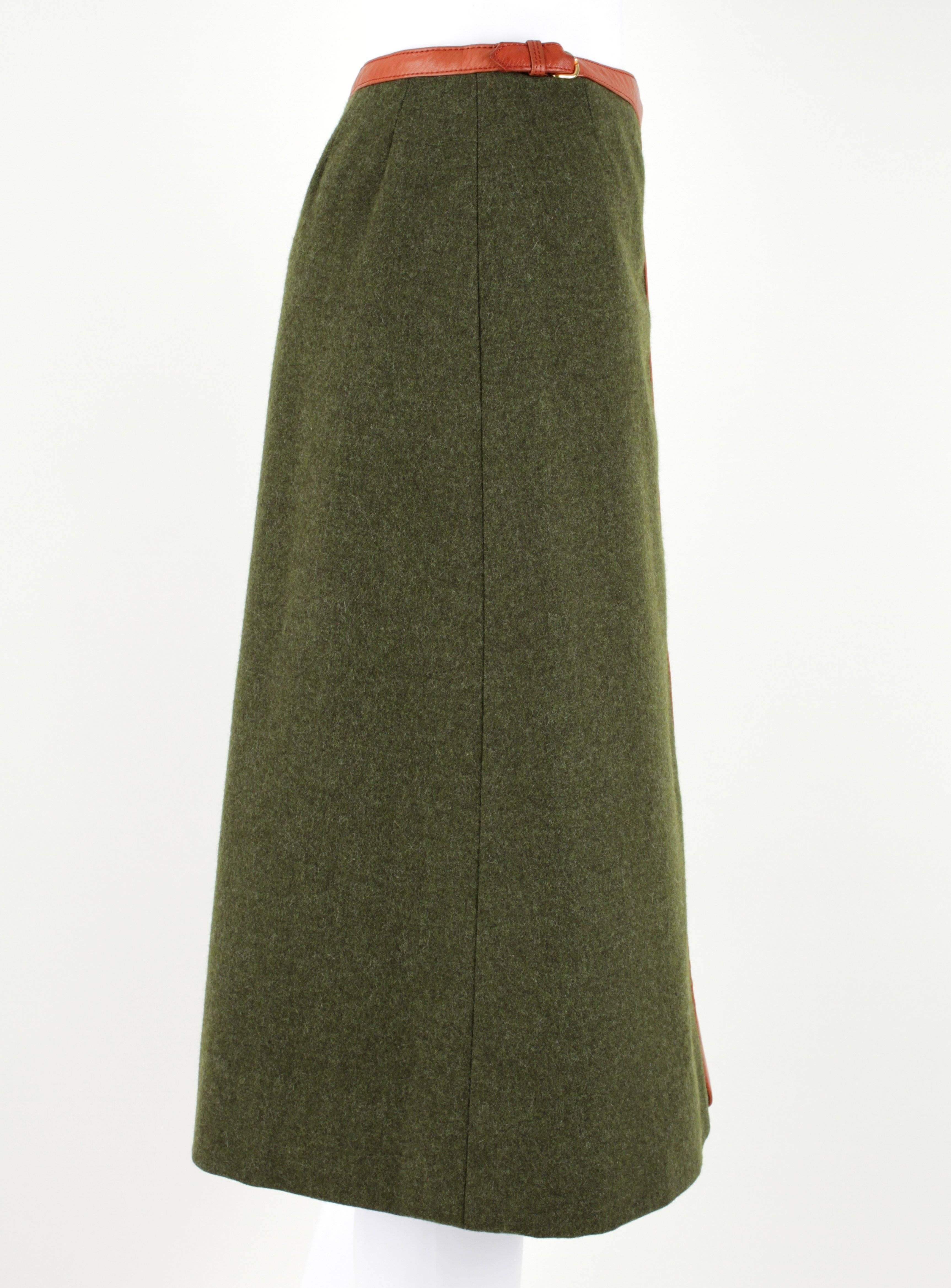 Brown HERMES SPORT c.1970s Olive Wool Wrap Skirt Genuine Lambskin Leather Trim Size 40