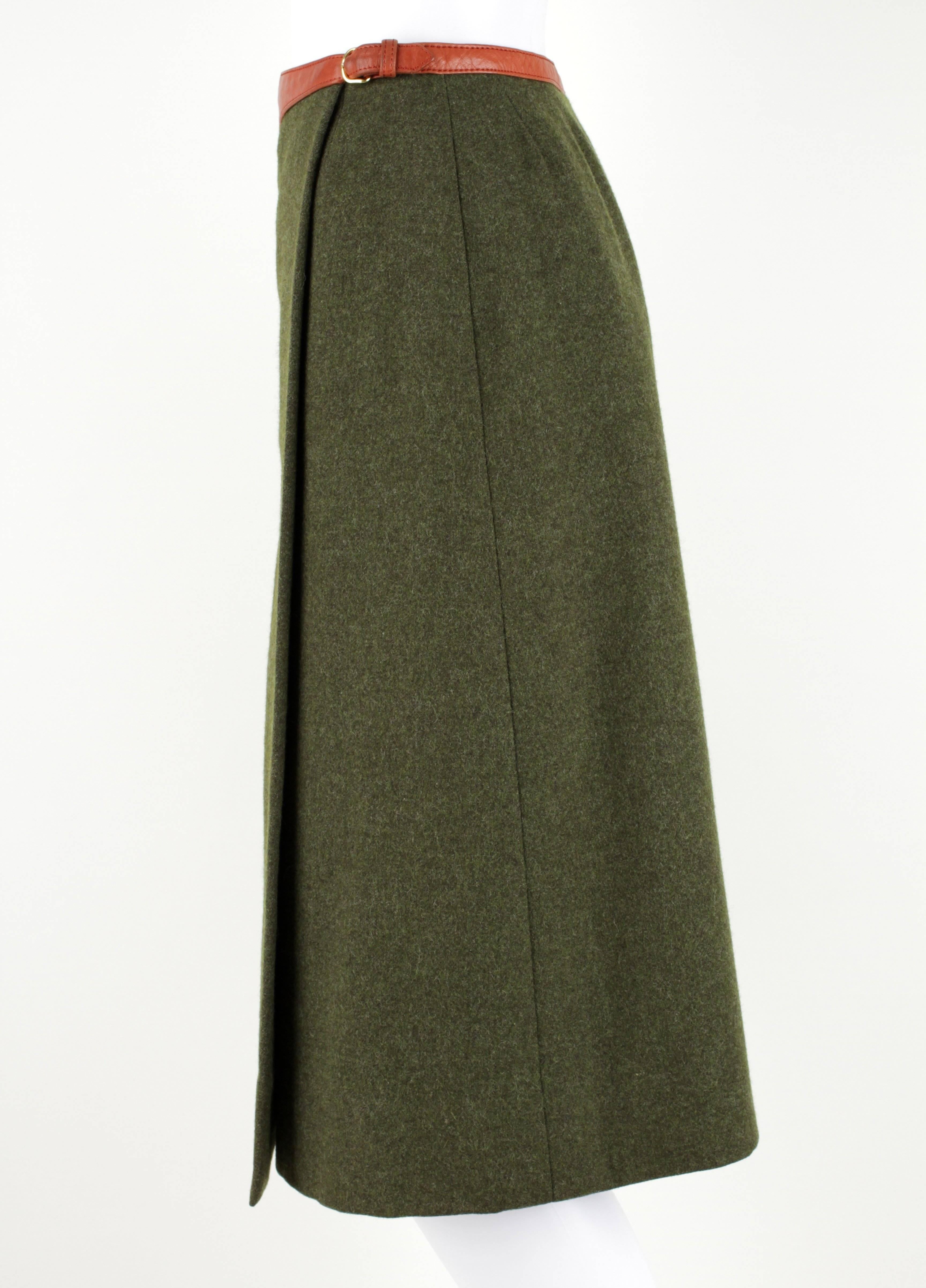 Women's HERMES SPORT c.1970s Olive Wool Wrap Skirt Genuine Lambskin Leather Trim Size 40