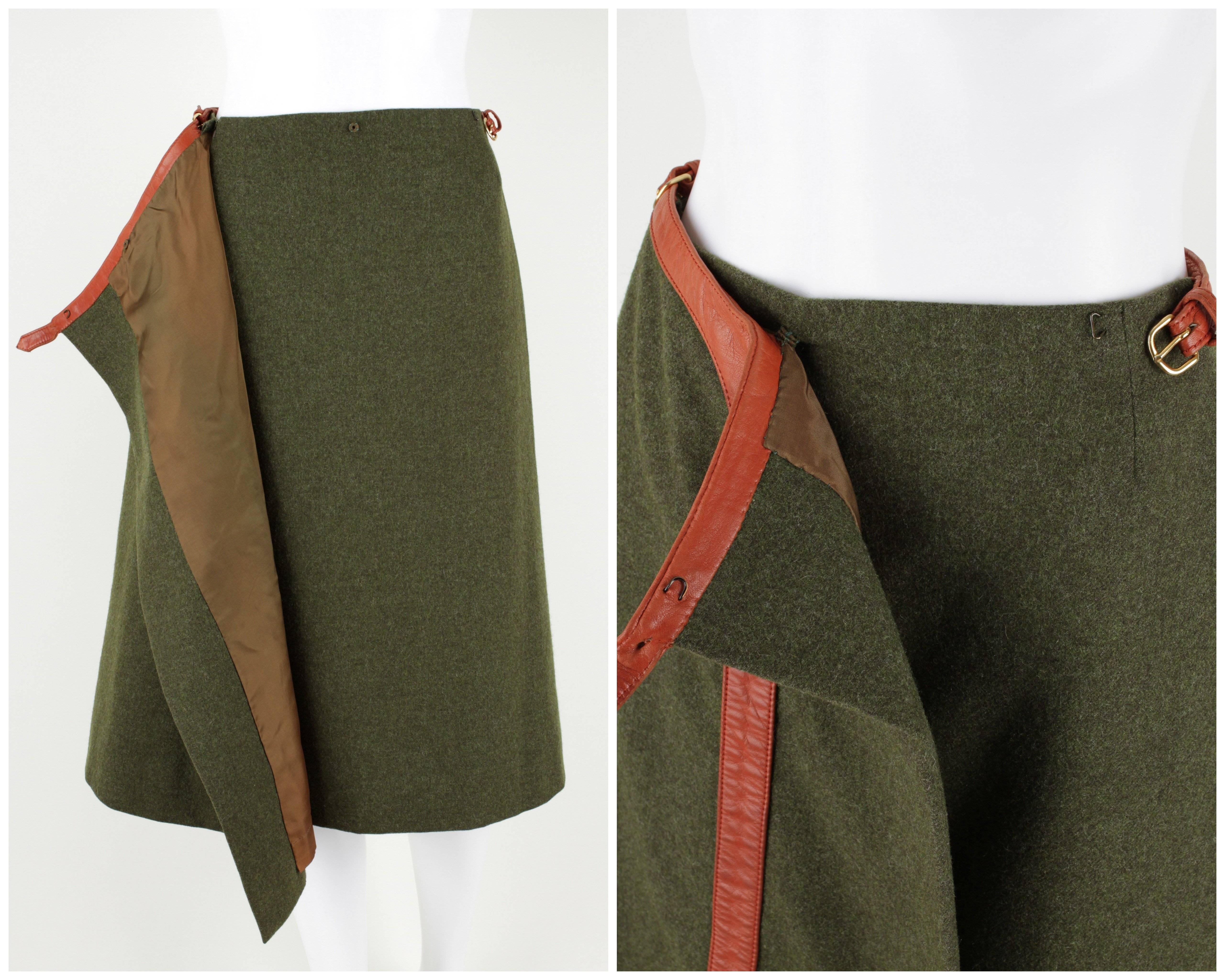 HERMES SPORT c.1970s Olive Wool Wrap Skirt Genuine Lambskin Leather Trim Size 40 1
