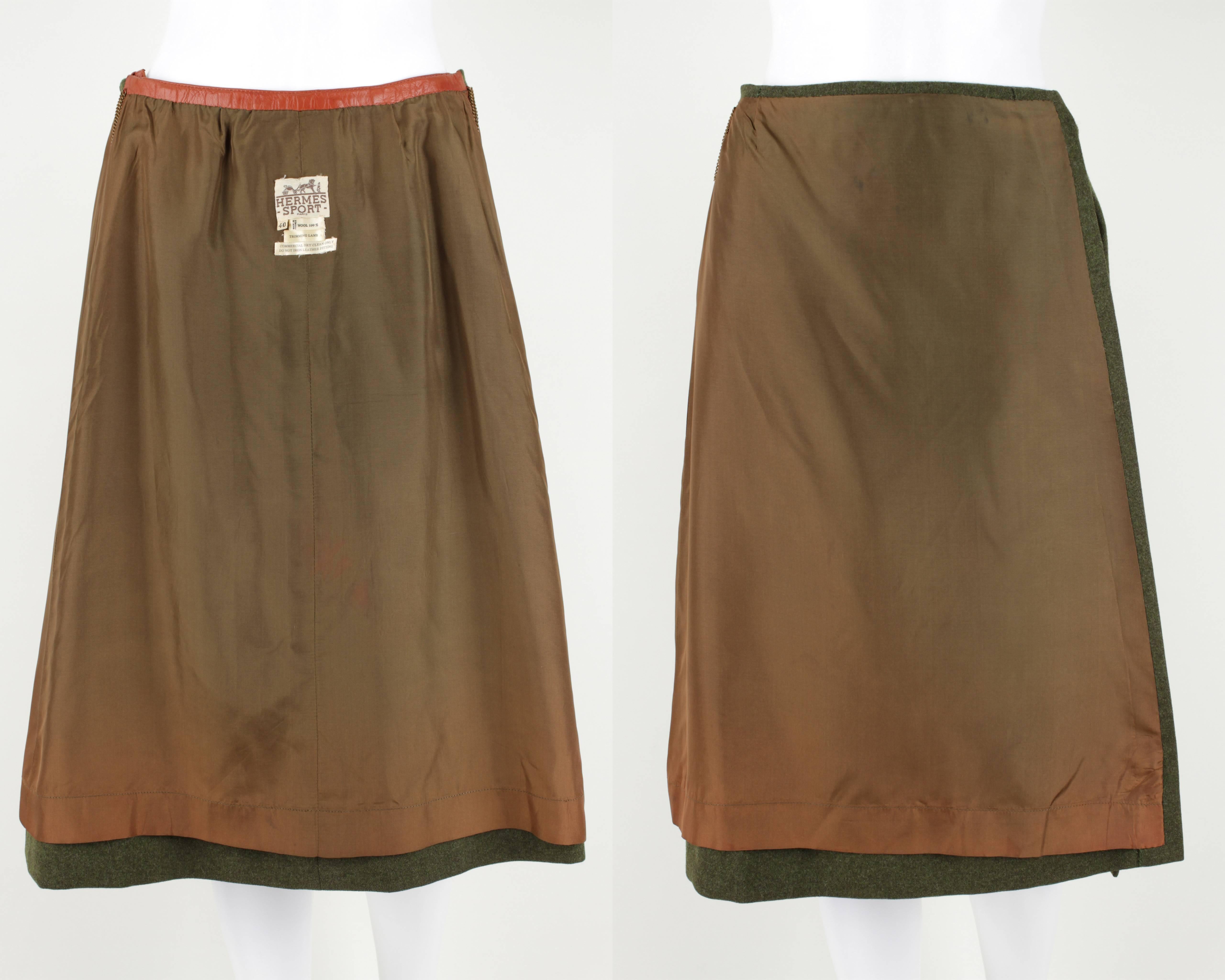 HERMES SPORT c.1970s Olive Wool Wrap Skirt Genuine Lambskin Leather Trim Size 40 3