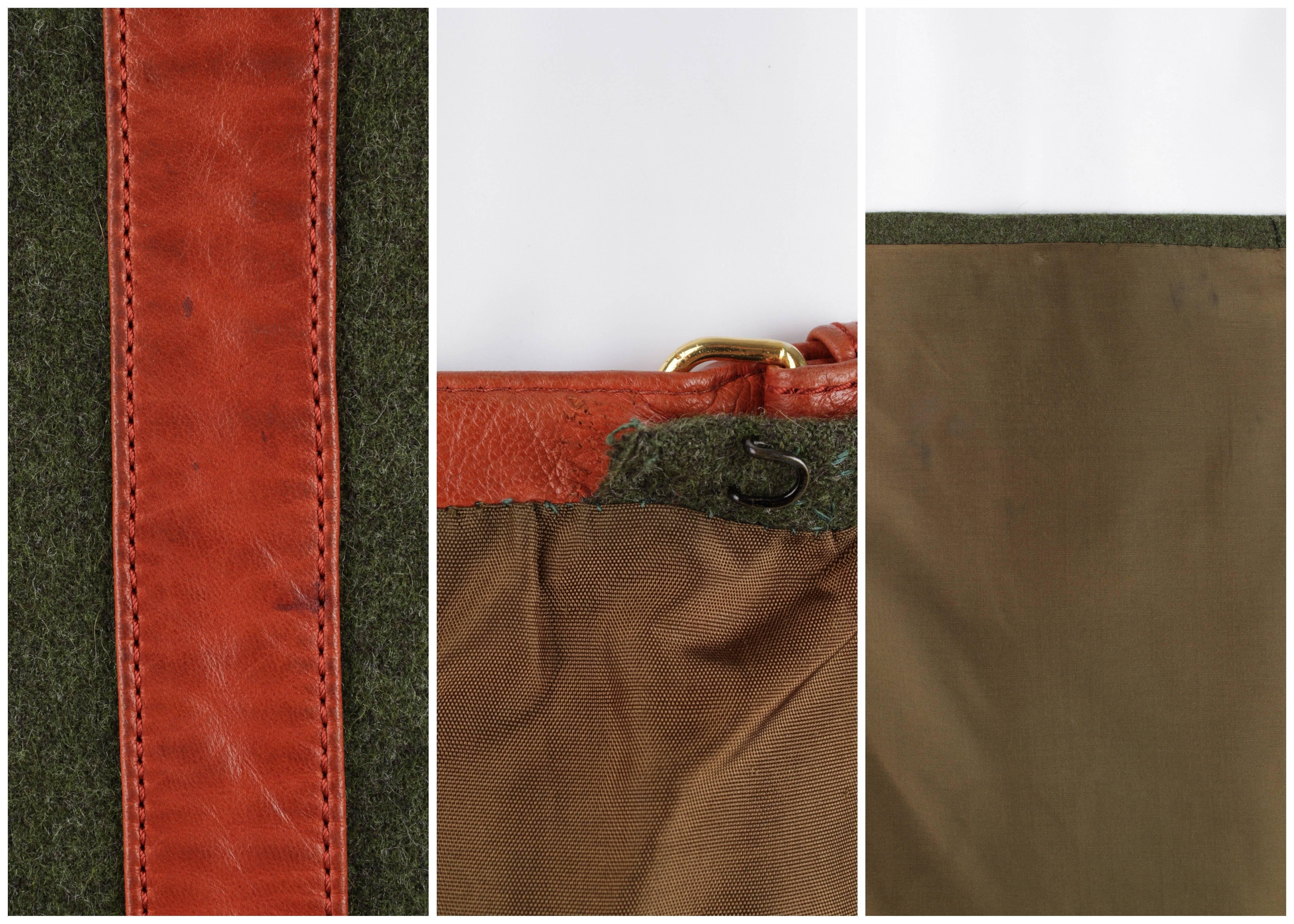 HERMES SPORT c.1970s Olive Wool Wrap Skirt Genuine Lambskin Leather Trim Size 40 4