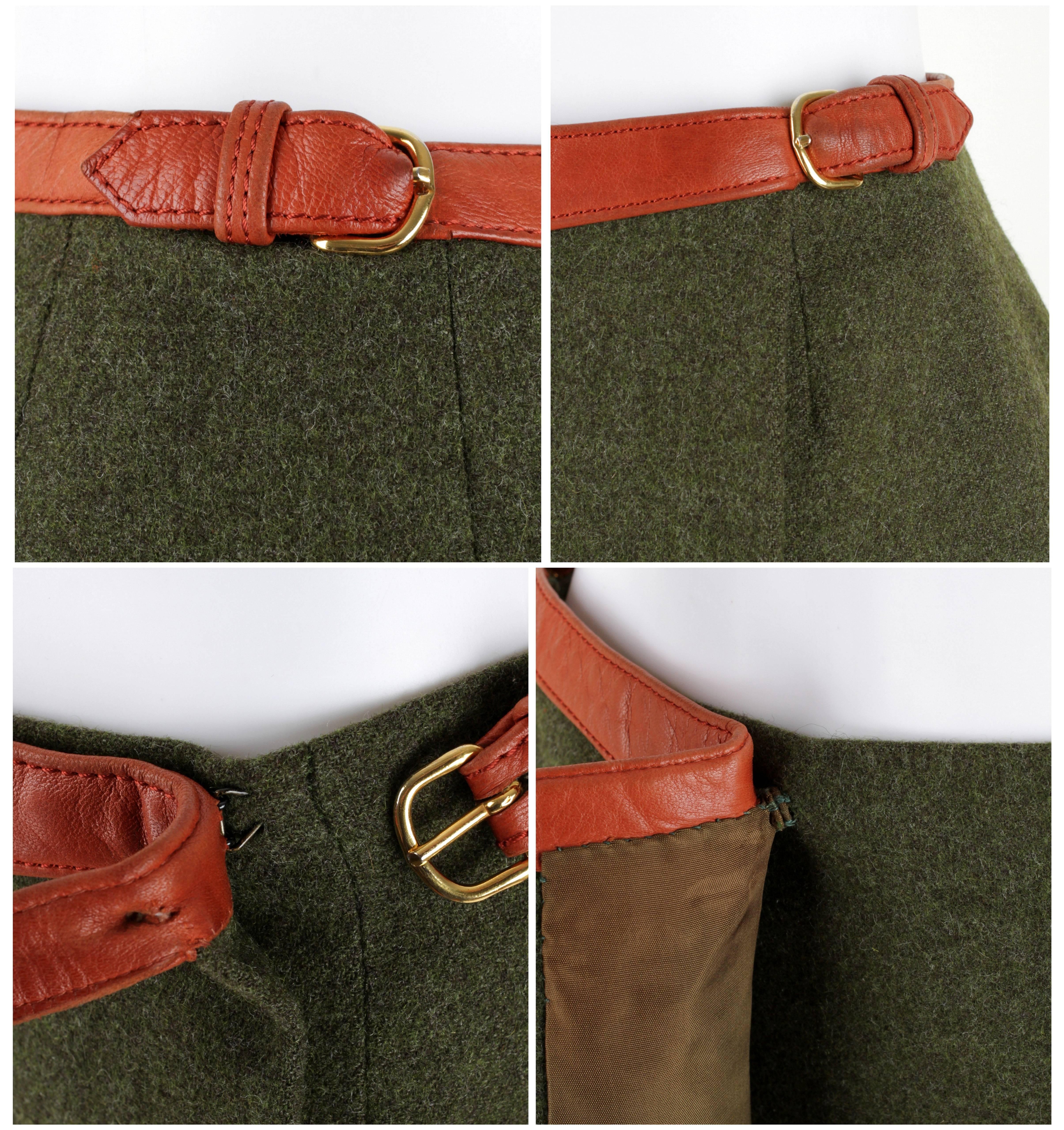 HERMES SPORT c.1970s Olive Wool Wrap Skirt Genuine Lambskin Leather Trim Size 40 2