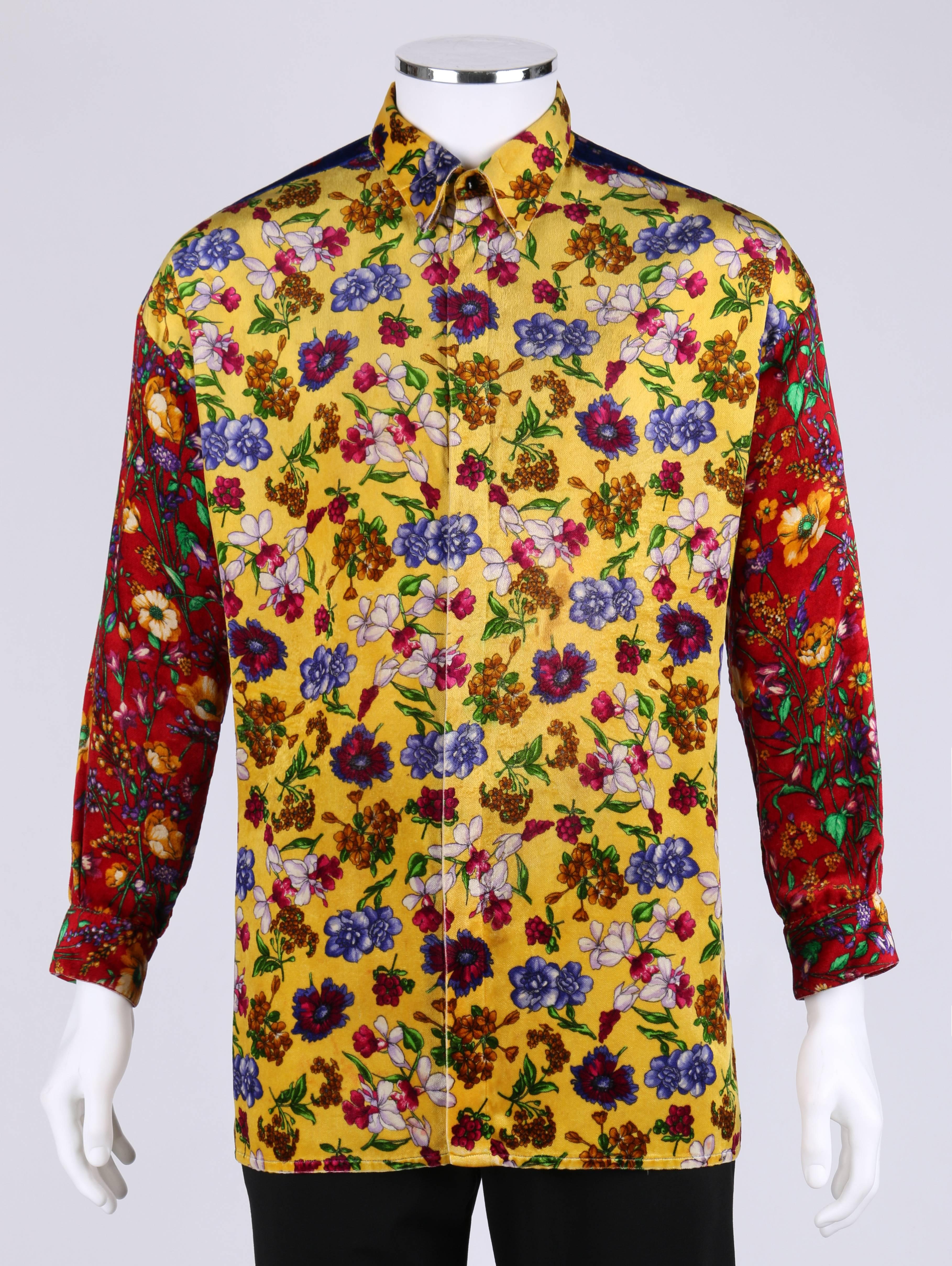 Vintage c.1990's Gianni Versace men's multicolor / color-block floral patchwork velvet button down shirt. Concealed button closure center front. Long sleeves button at cuffs. Unmarked size / fabric content.

Measurements:
Shoulder: 24