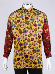 GIANNI VERSACE c.1990's ColorBlock Floral Patchwork Velvet Button Down Shirt