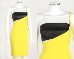 VERSUS GIANNI VERSACE c.1990 Yellow Black One Shoulder Dress Leather Bandeau Set