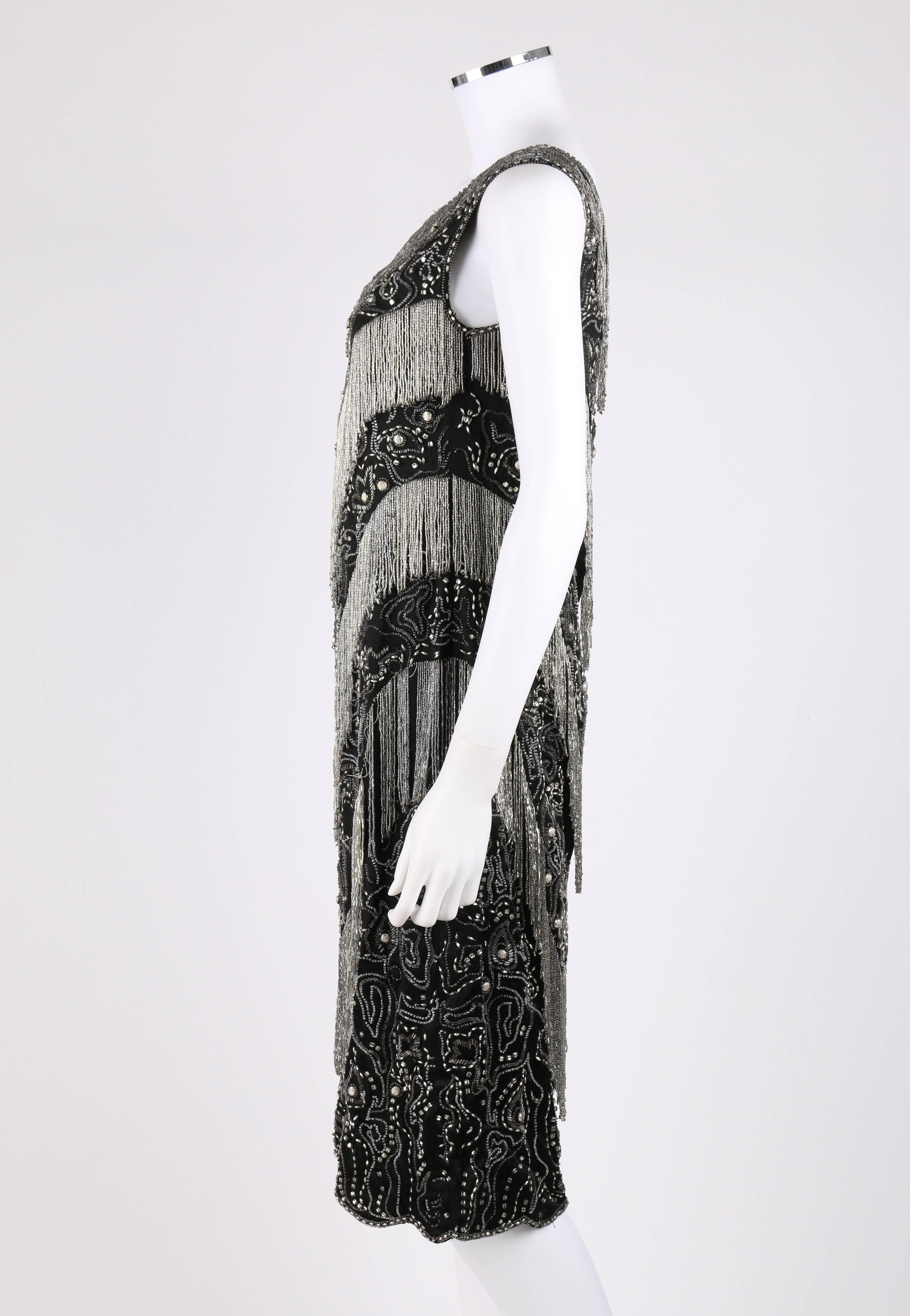 Women's COUTURE c.1920's Black Silk Beaded Tiered Fringe Floral Flapper Evening Dress