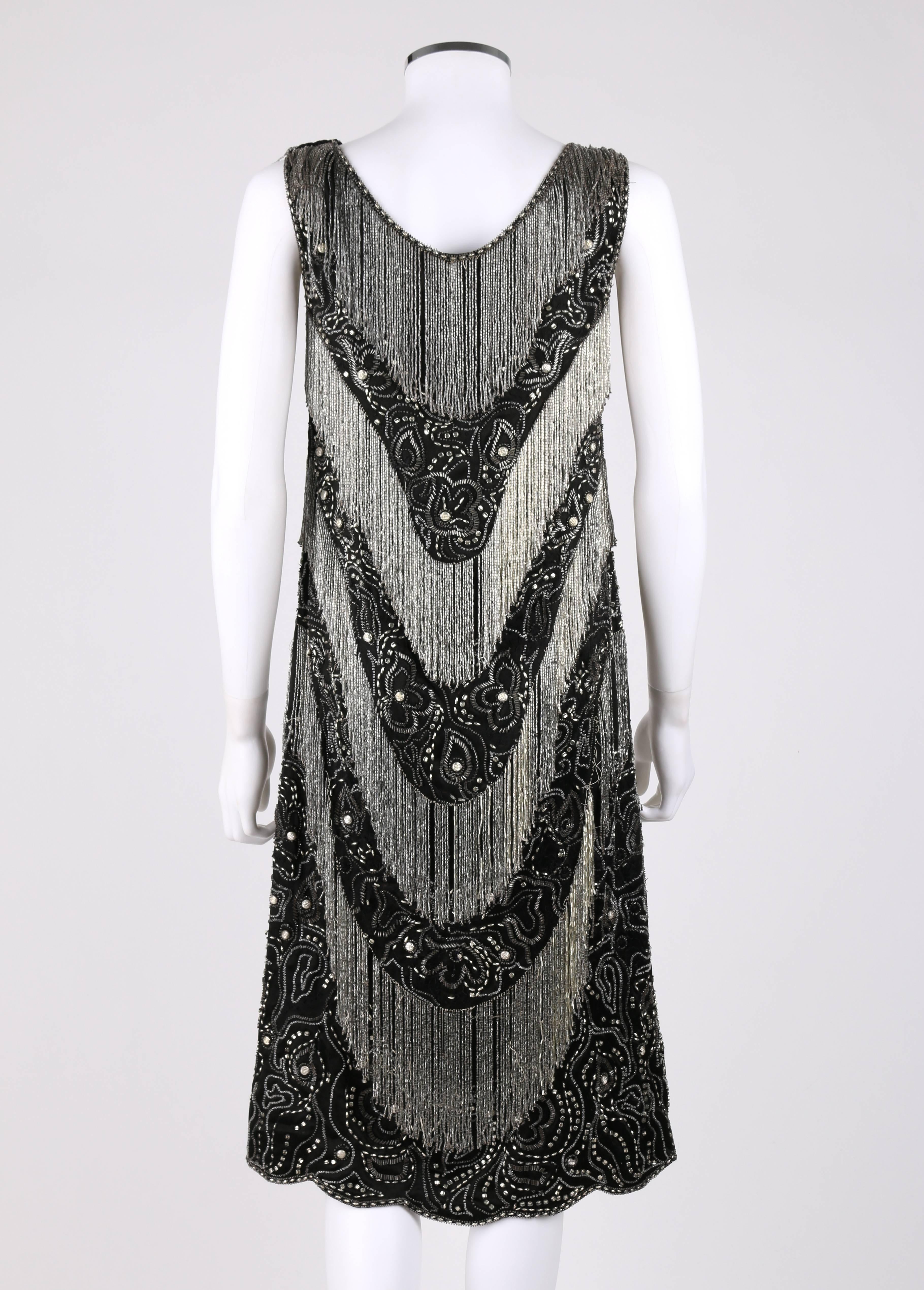 COUTURE c.1920's Black Silk Beaded Tiered Fringe Floral Flapper Evening Dress In Excellent Condition In Thiensville, WI
