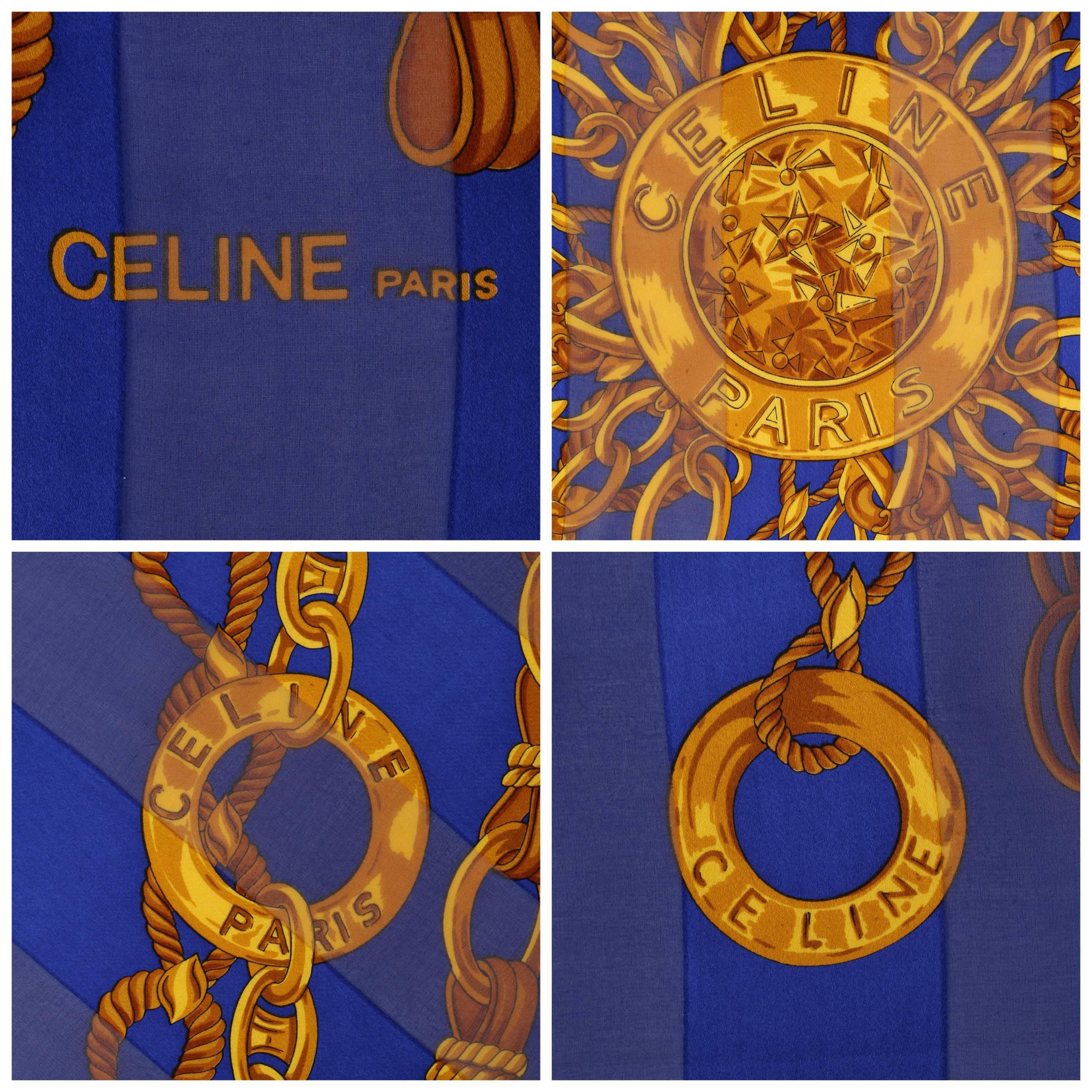 Purple CELINE X-Large Blue Gold 100% Silk Striped Chain Medallion Print Scarf Wrap