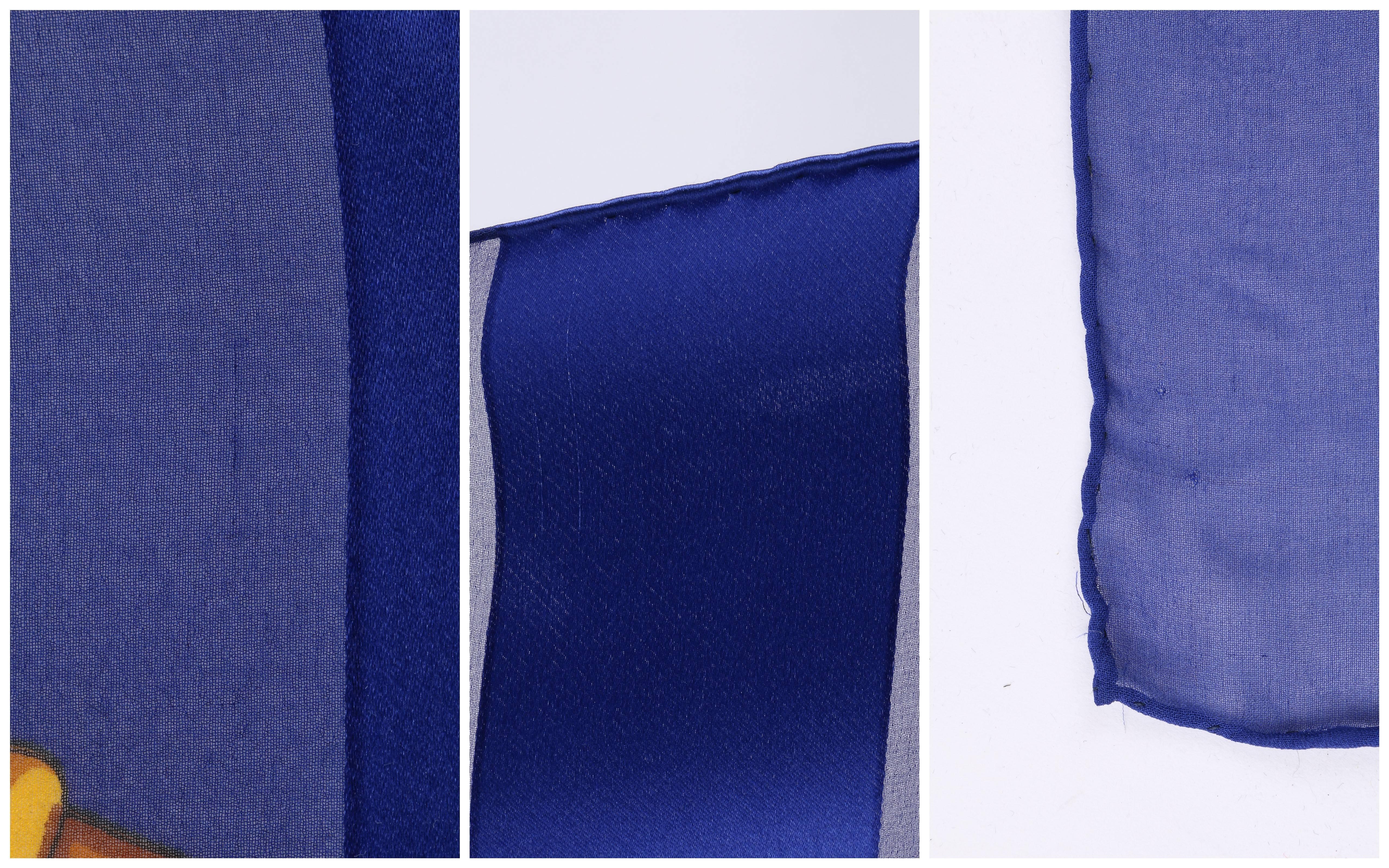 CELINE X-Large Blue Gold 100% Silk Striped Chain Medallion Print Scarf Wrap 1