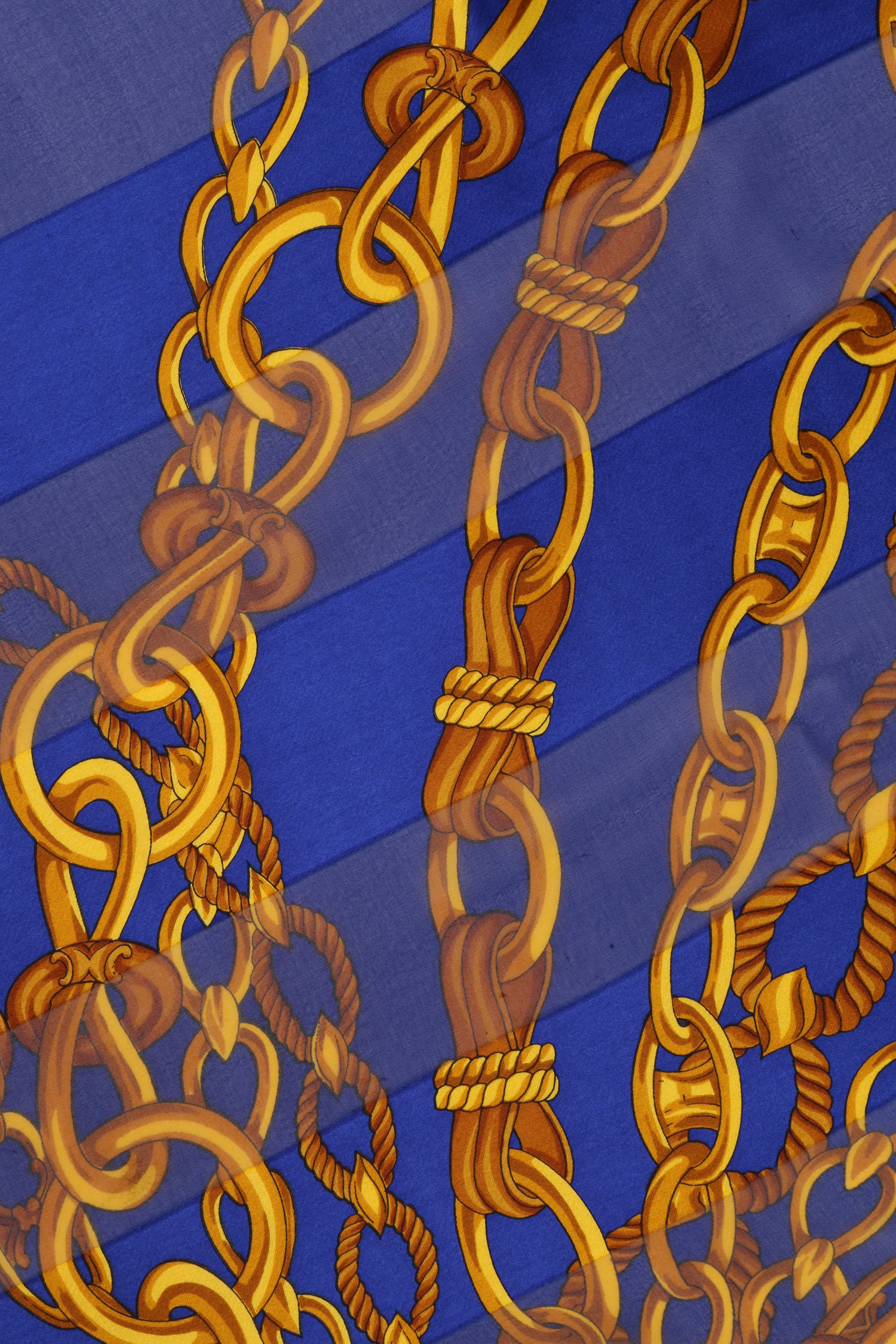 Women's CELINE X-Large Blue Gold 100% Silk Striped Chain Medallion Print Scarf Wrap