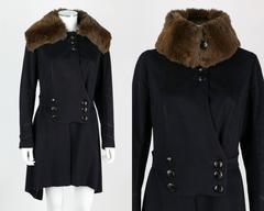 EDWARDIAN c.1910's COUTURE Navy Blue Wool Sheared Fur Military Walking Coat