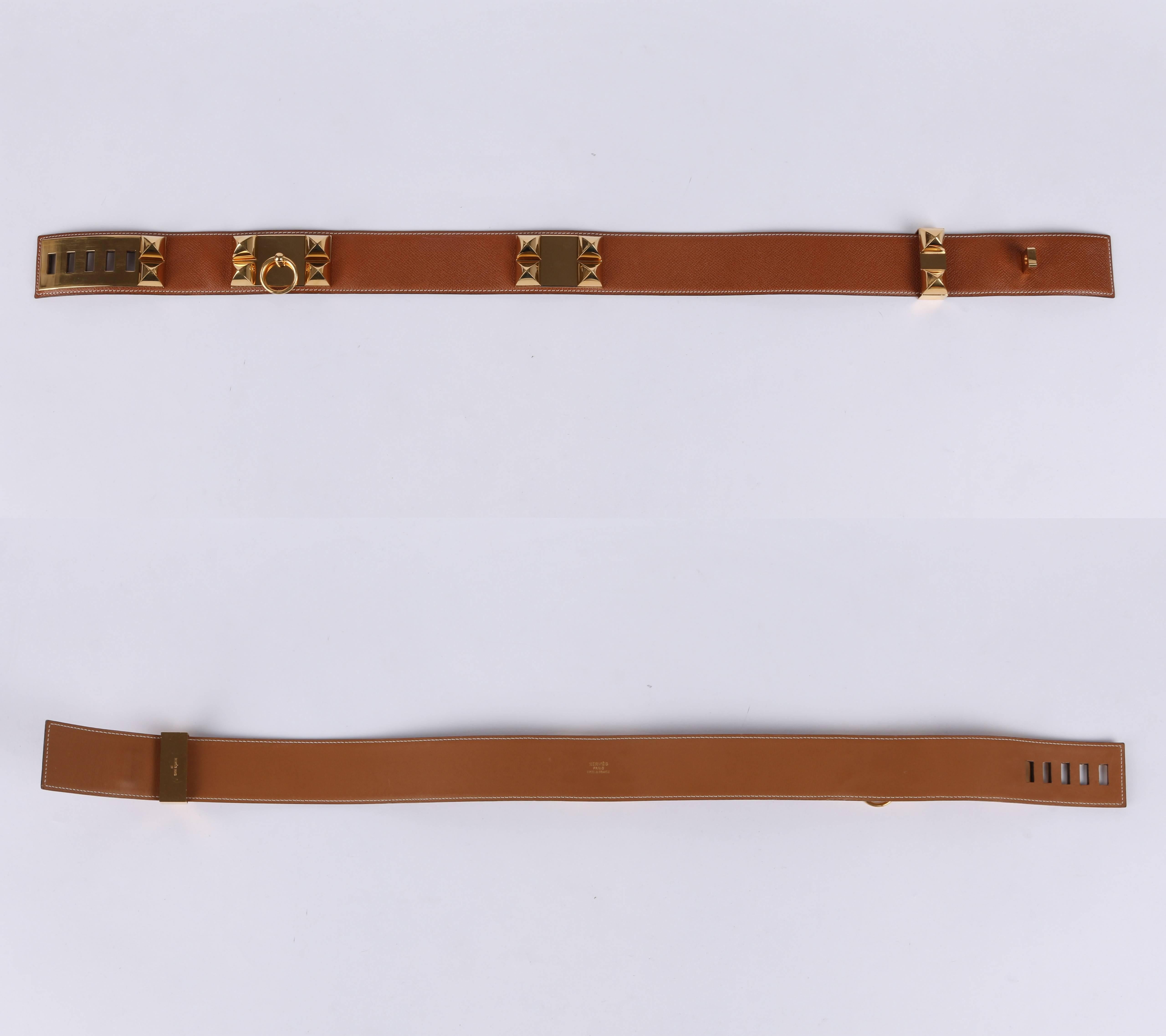 HERMES c.1992 Collier de Chien Tan Courchevel Leather Medor Gold Hardware Belt 1