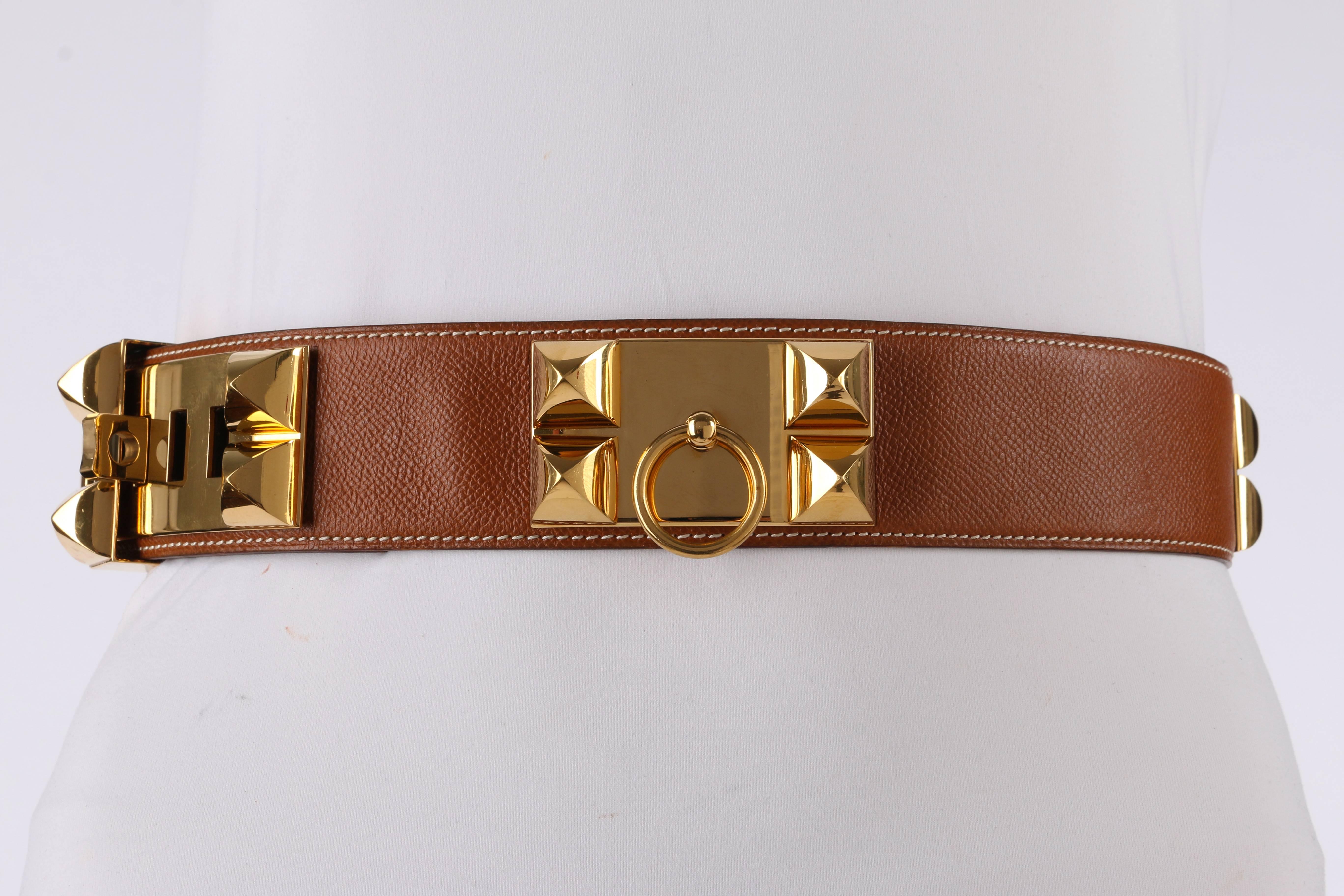 HERMES c.1992 Collier de Chien Tan Courchevel Leather Medor Gold Hardware Belt In Excellent Condition In Thiensville, WI