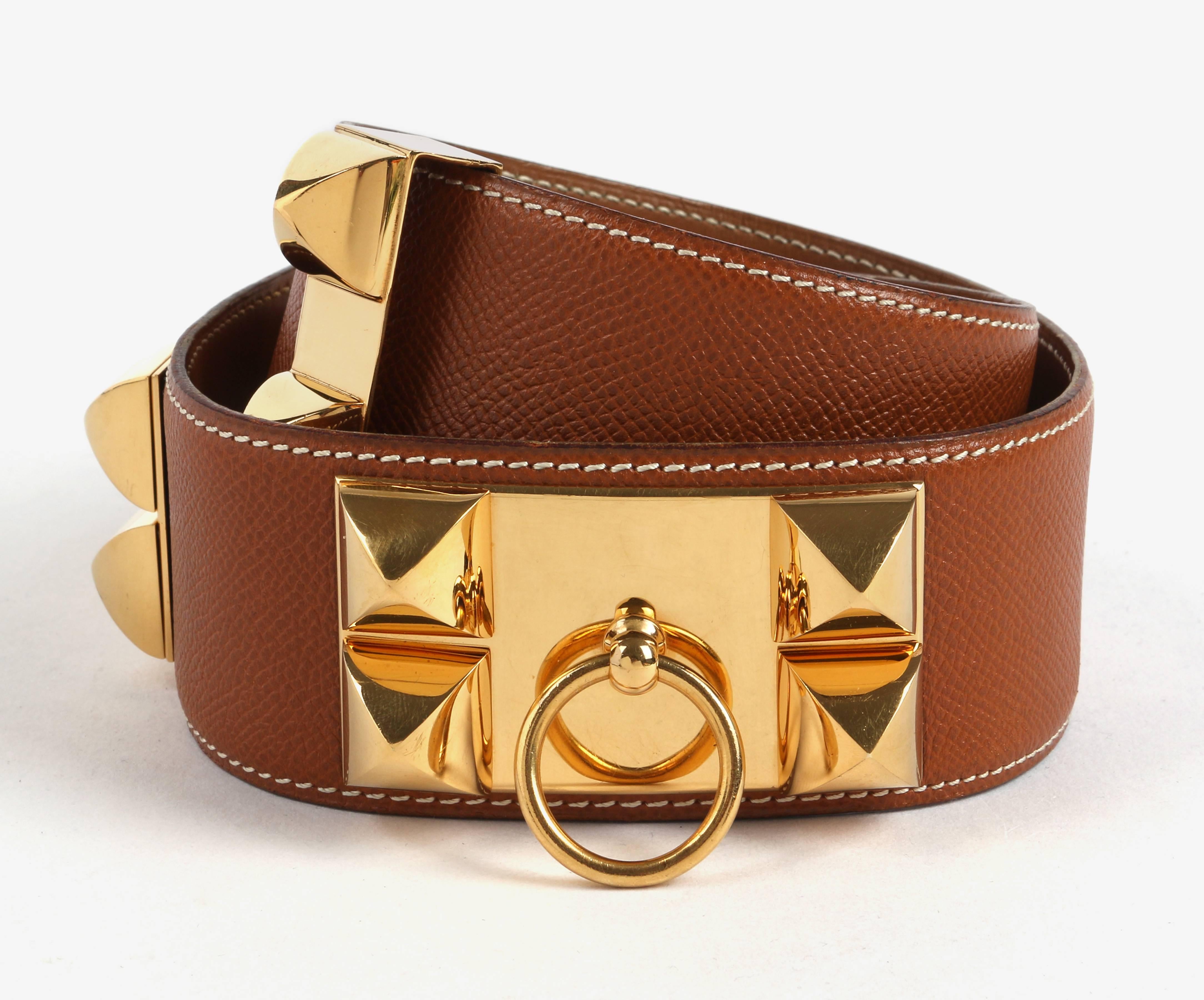 Hermes women's c.1992 Collier de Chien tan Courchevel leather belt. Medor gold plated buckle/hardware. Hardware is stamped 