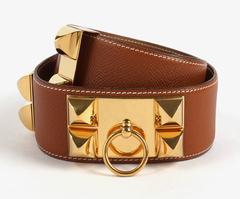 HERMES c.1992 Collier de Chien Tan Courchevel Leder Medor Gold Hardware Gürtel