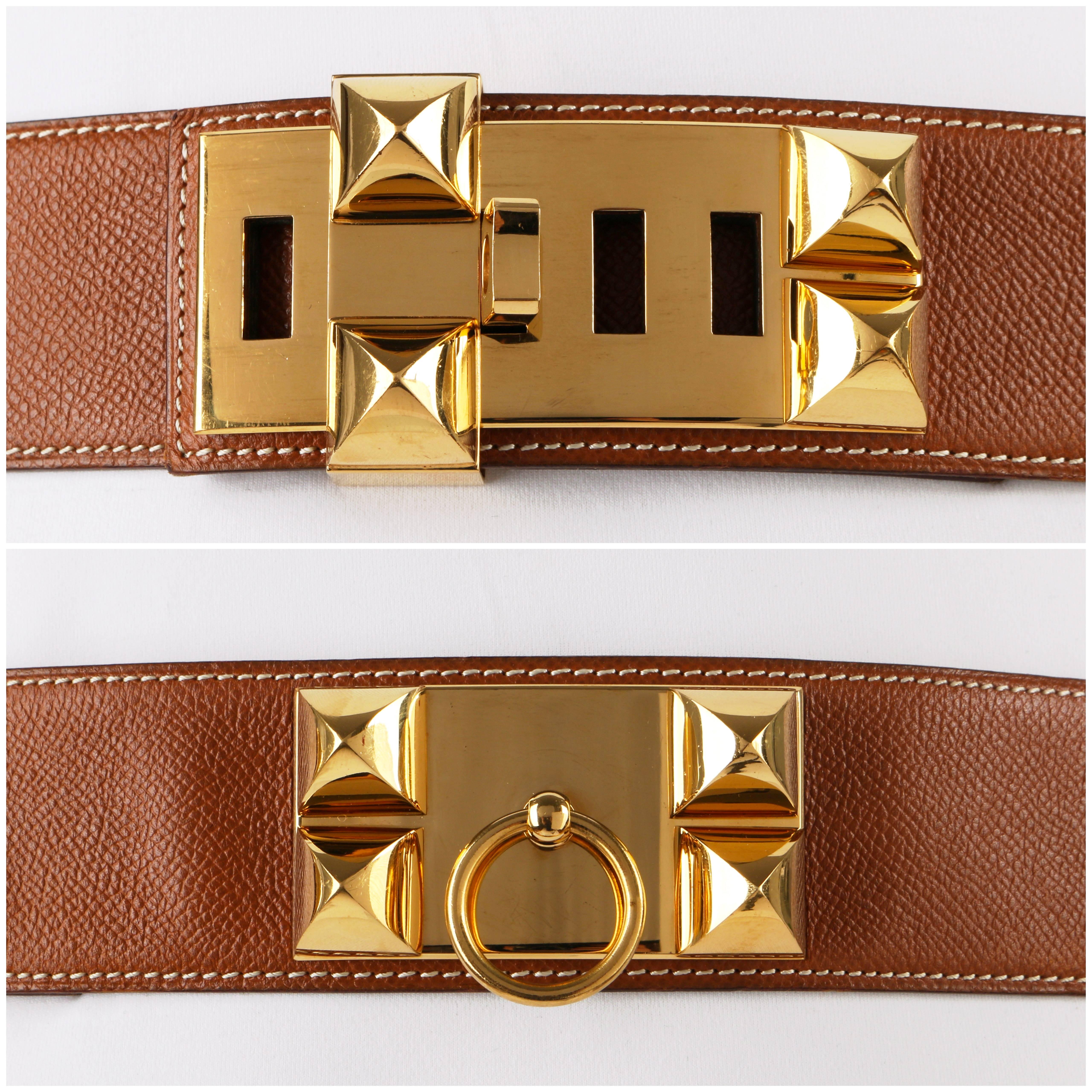 Brown HERMES c.1992 Collier de Chien Tan Courchevel Leather Medor Gold Hardware Belt