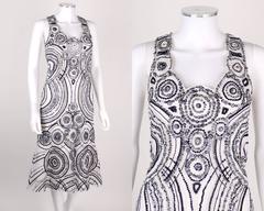 CAROLINA HERRERA White Mesh Navy Blue Embellished Paillettes Sleeveless Dress