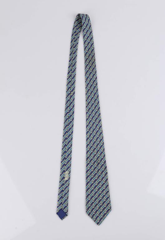 HERMES Navy Blue Yellow Stripe Anchor Nautical 5 Fold Silk Necktie Tie ...
