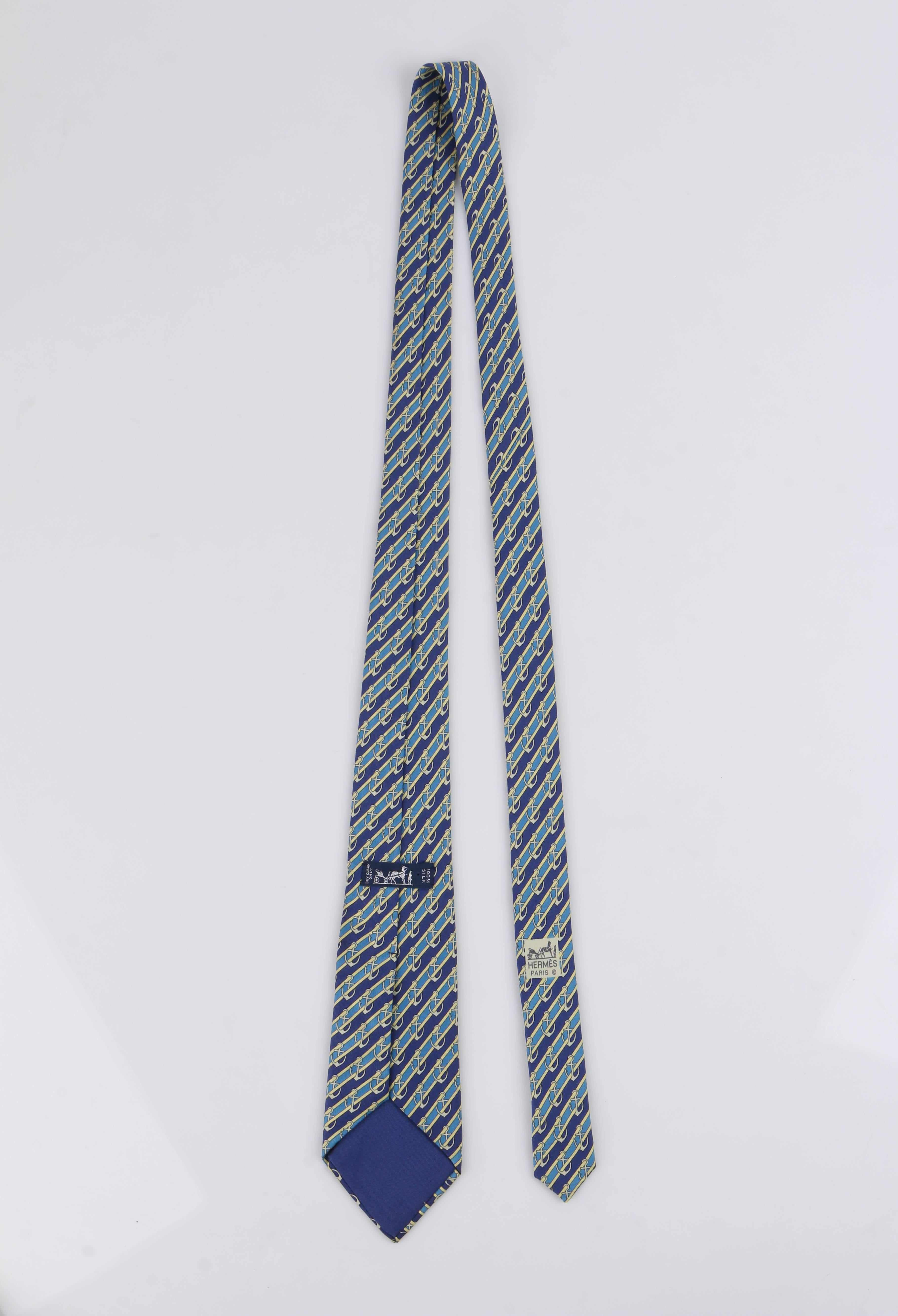 HERMES Navy Blue Yellow Stripe Anchor Nautical 5 Fold Silk Necktie Tie 7027 TA In Excellent Condition In Thiensville, WI