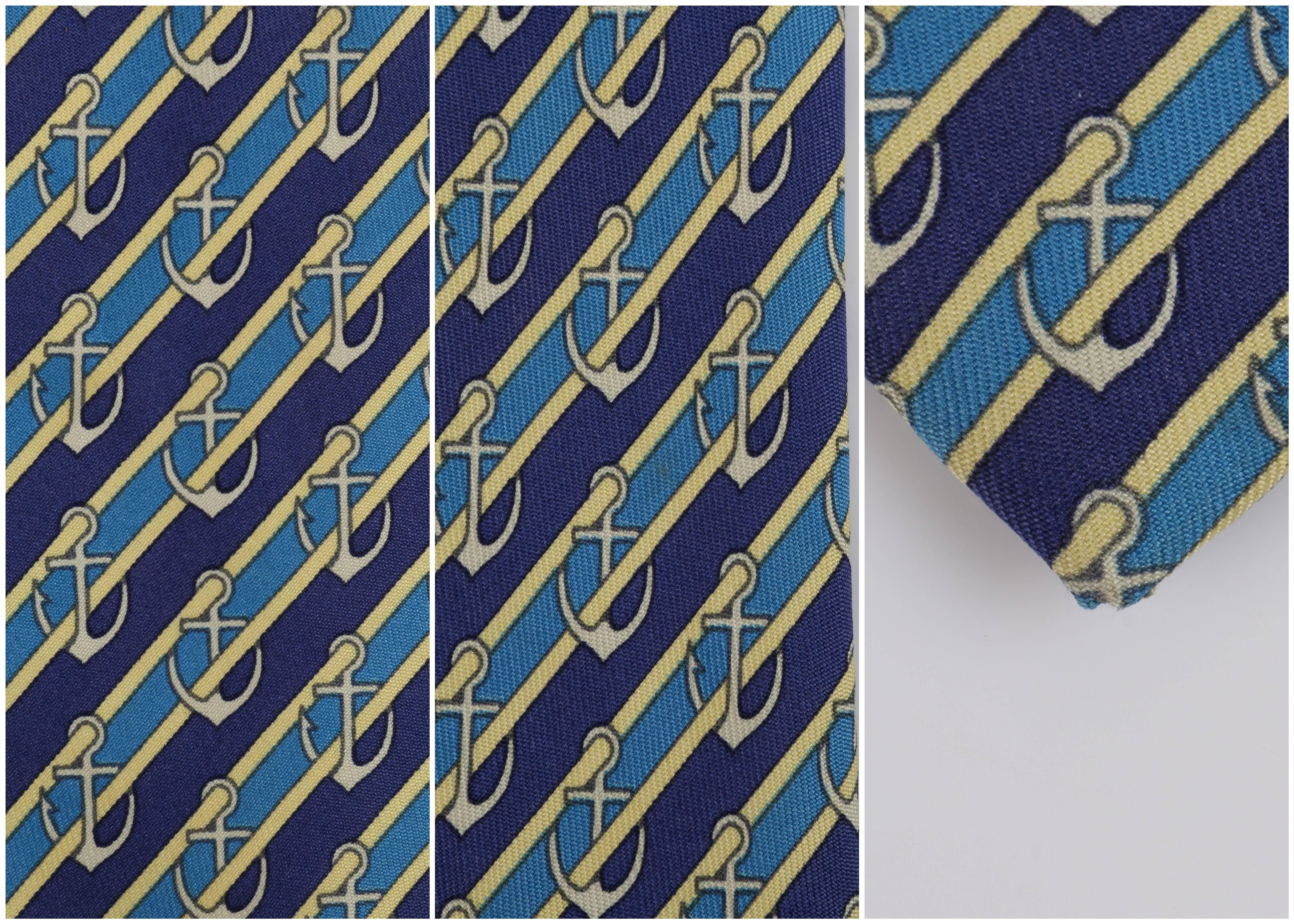 HERMES Navy Blue Yellow Stripe Anchor Nautical 5 Fold Silk Necktie Tie 7027 TA 3