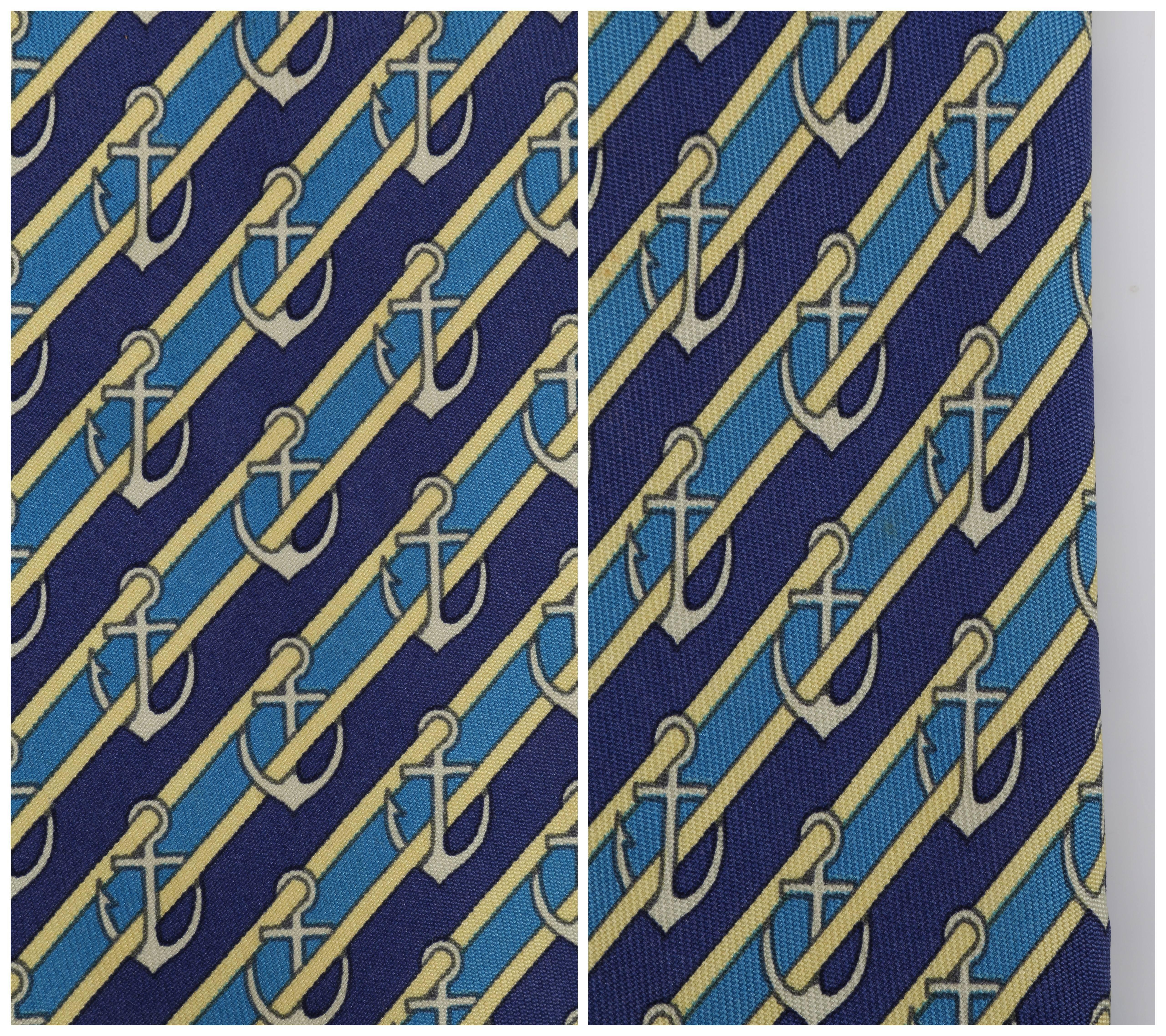 HERMES Navy Blue Yellow Stripe Anchor Nautical 5 Fold Silk Necktie Tie 7027 TA 2
