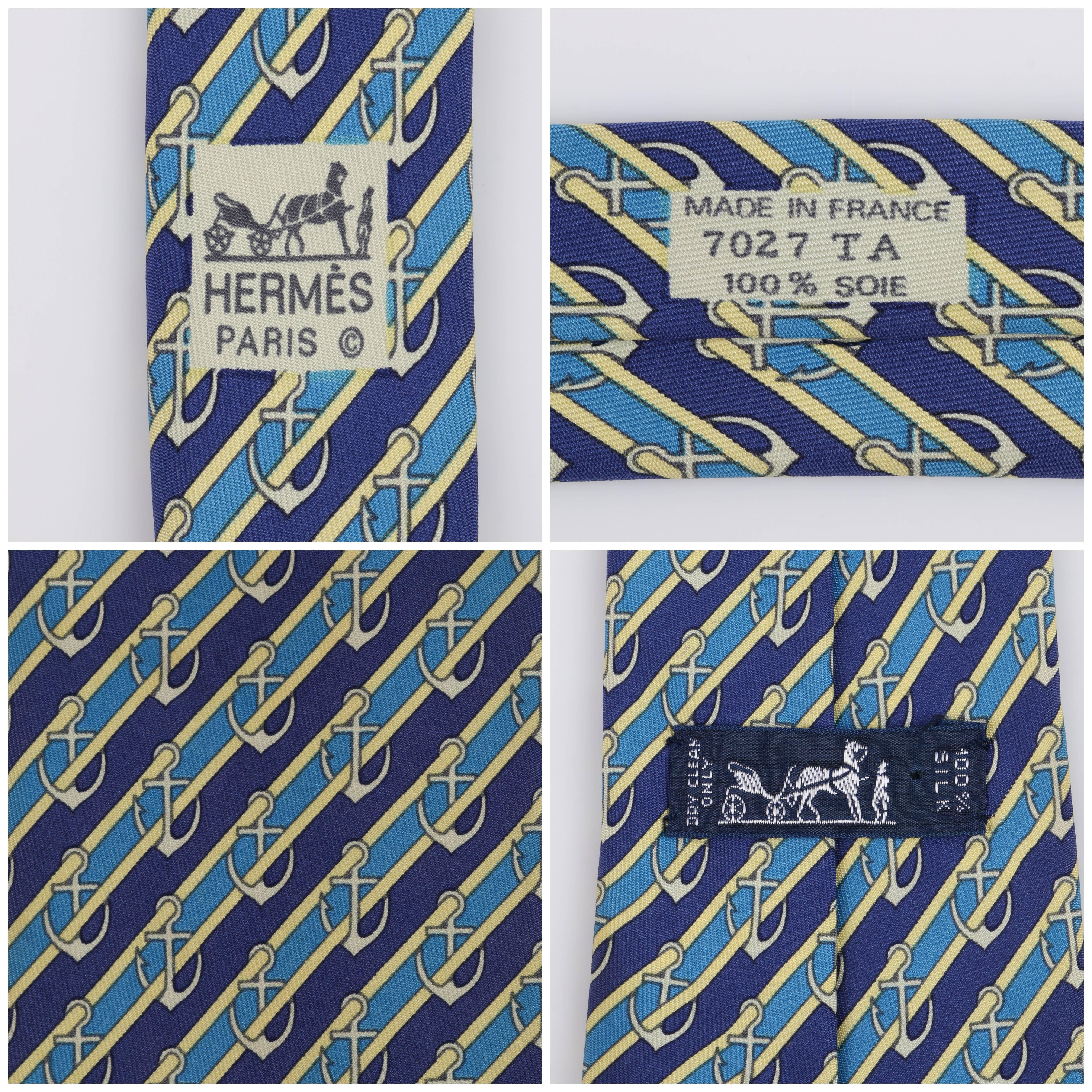 HERMES Navy Blue Yellow Stripe Anchor Nautical 5 Fold Silk Necktie Tie 7027 TA 1