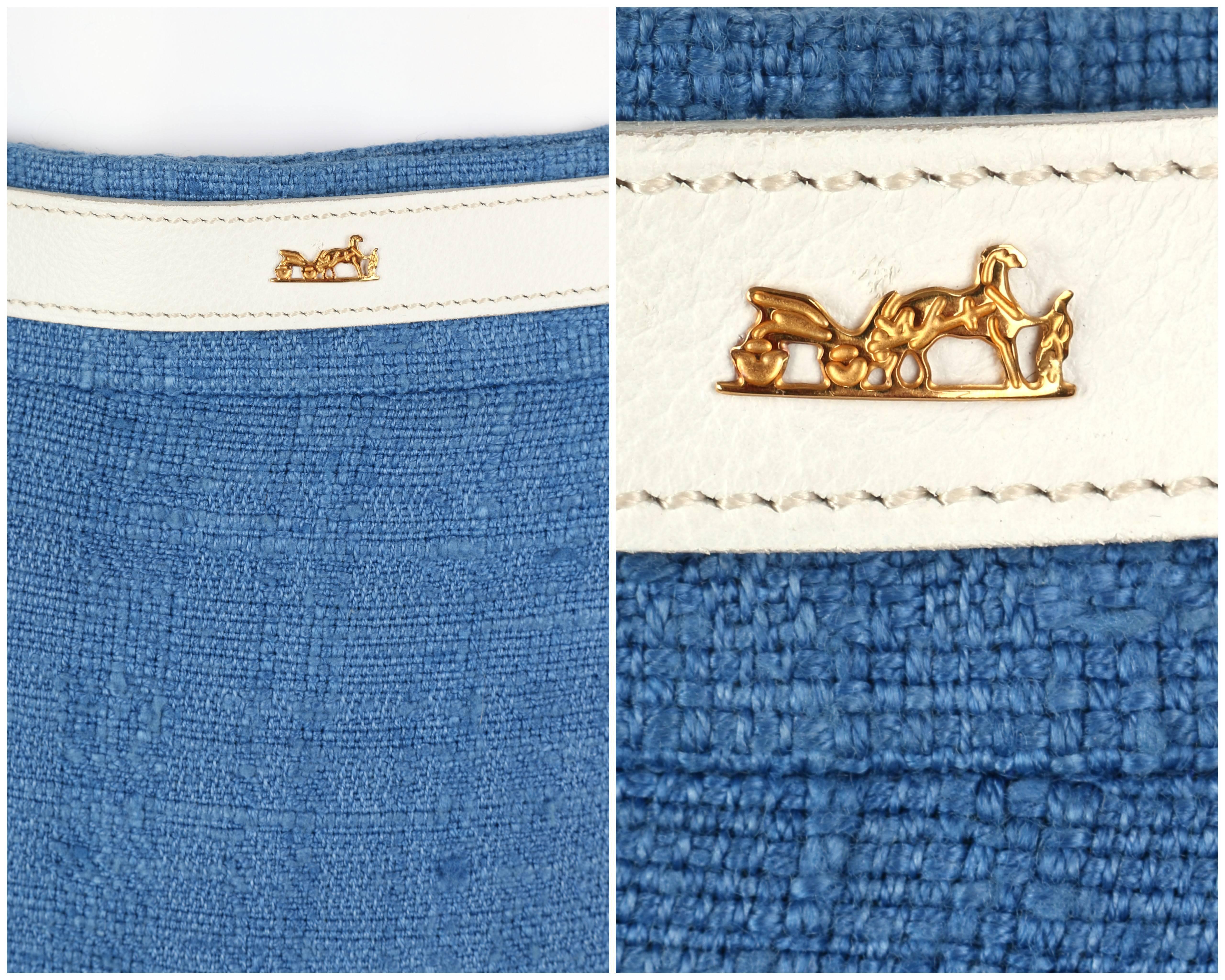 HERMES PARIS c.1980's Blue Tweed Wrap Skirt White Leather Belt Detail Size 38 2
