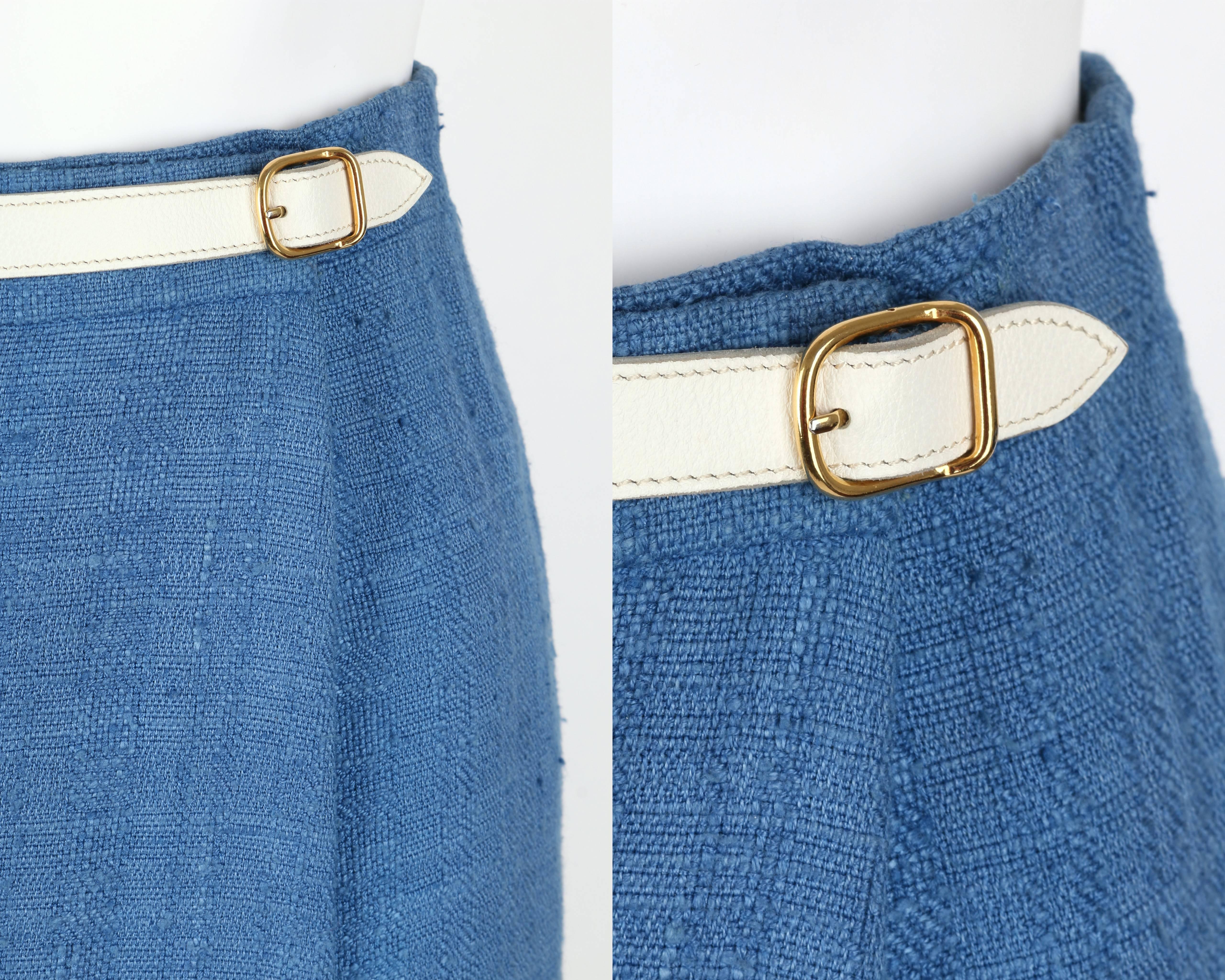 HERMES PARIS c.1980's Blue Tweed Wrap Skirt White Leather Belt Detail Size 38 3