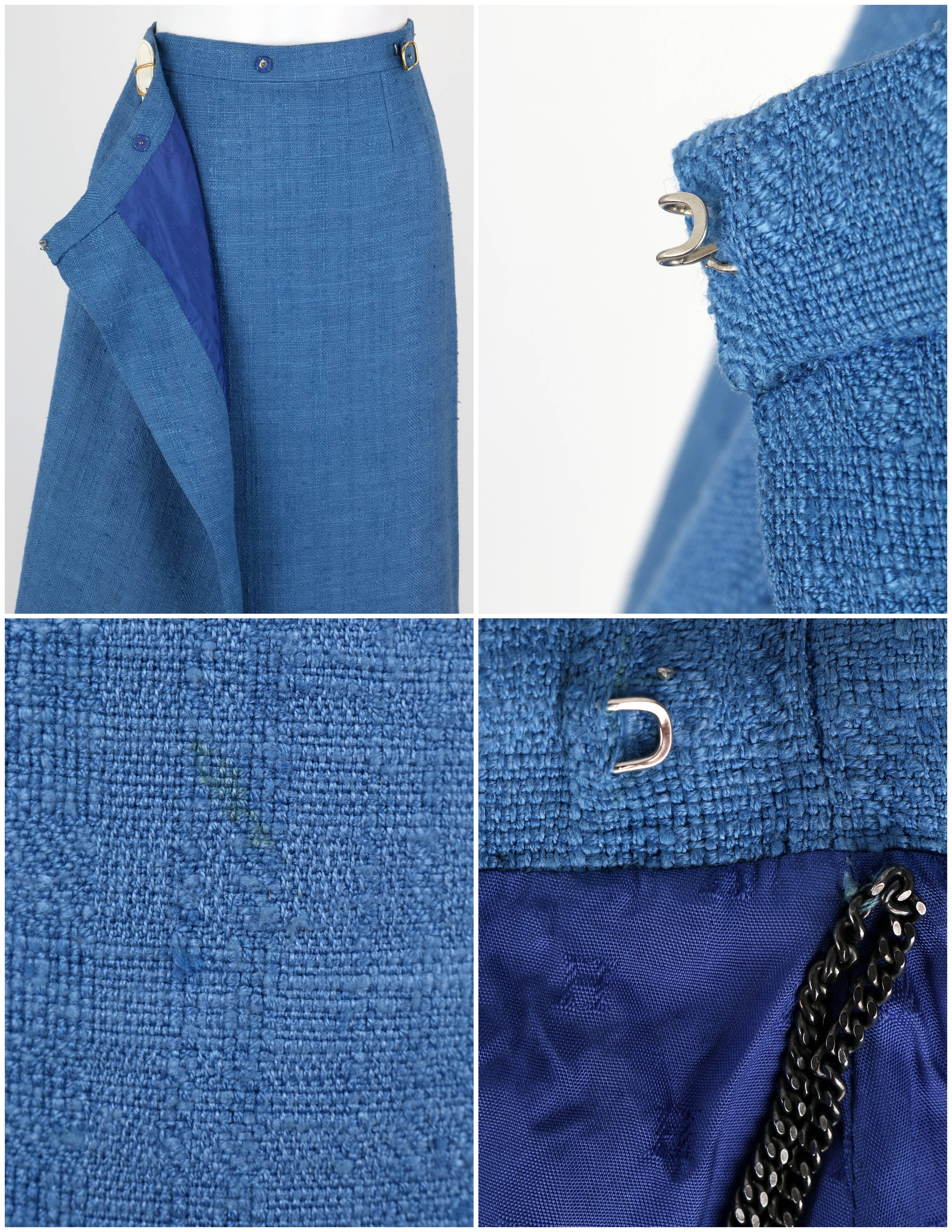 HERMES PARIS c.1980's Blue Tweed Wrap Skirt White Leather Belt Detail Size 38 5