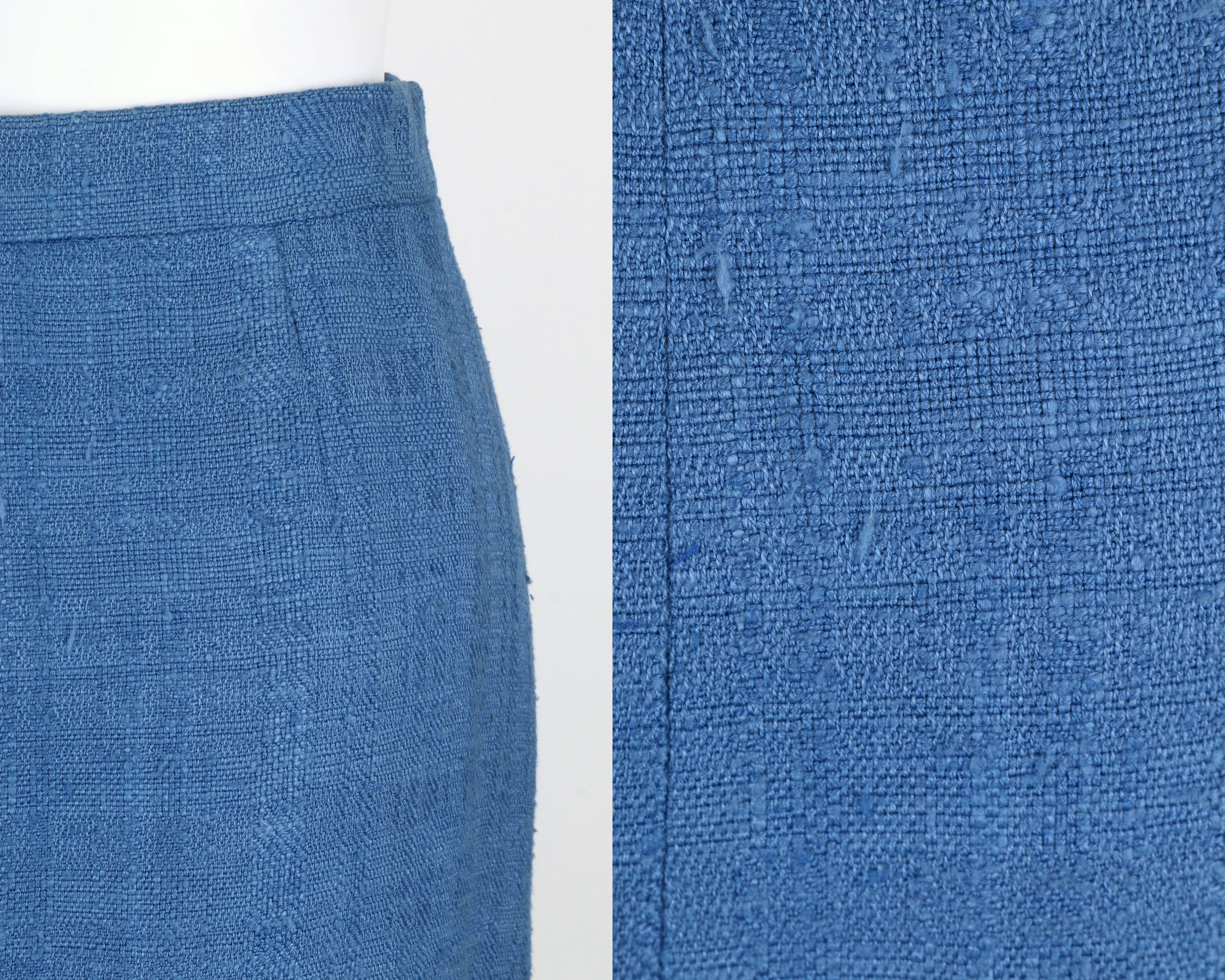 HERMES PARIS c.1980's Blue Tweed Wrap Skirt White Leather Belt Detail Size 38 4