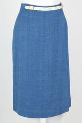HERMES PARIS c.1980's Blue Tweed Wrap Skirt White Leather Belt Detail Size 38
