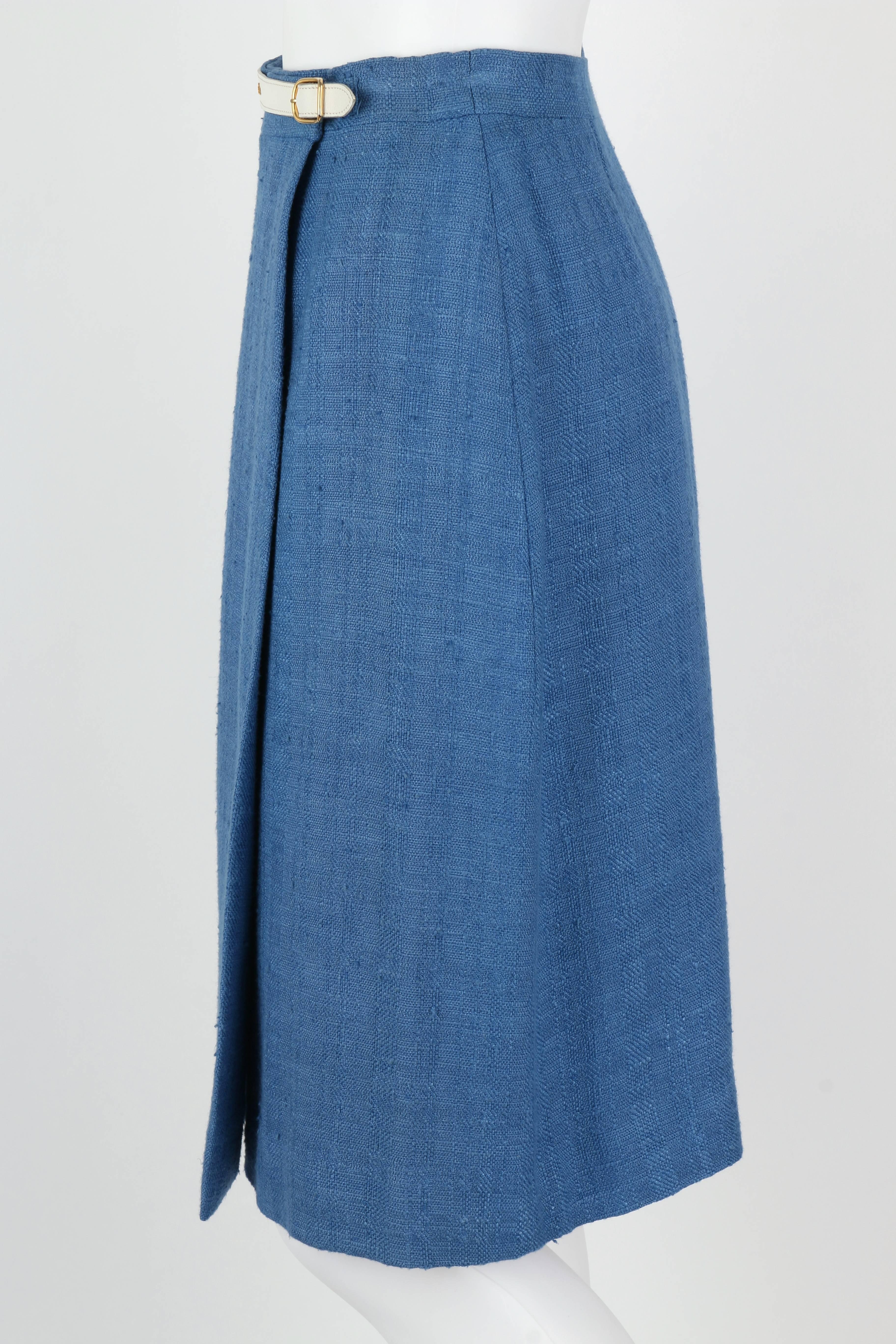 HERMES PARIS c.1980's Blue Tweed Wrap Skirt White Leather Belt Detail Size 38 1