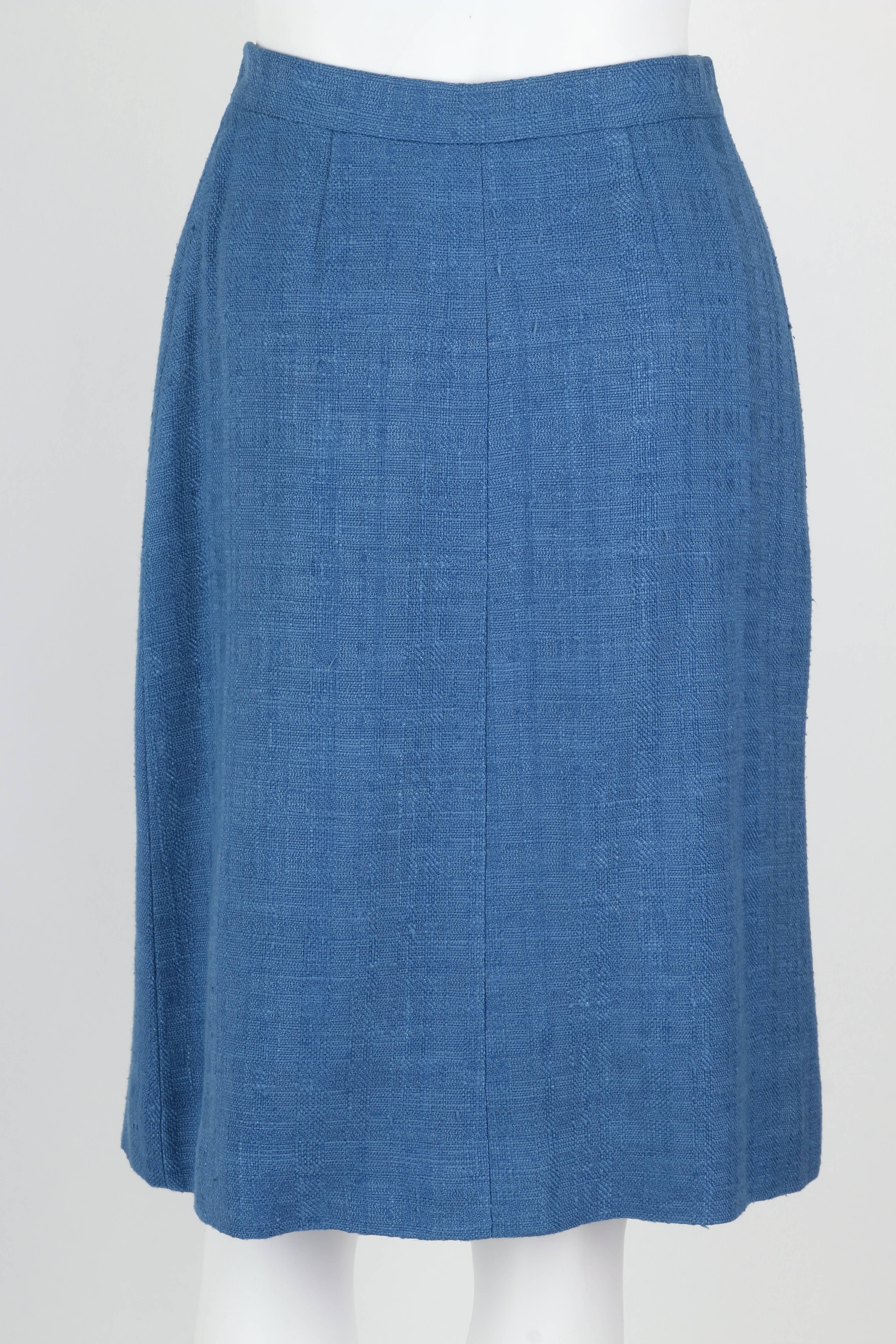 Women's HERMES PARIS c.1980's Blue Tweed Wrap Skirt White Leather Belt Detail Size 38