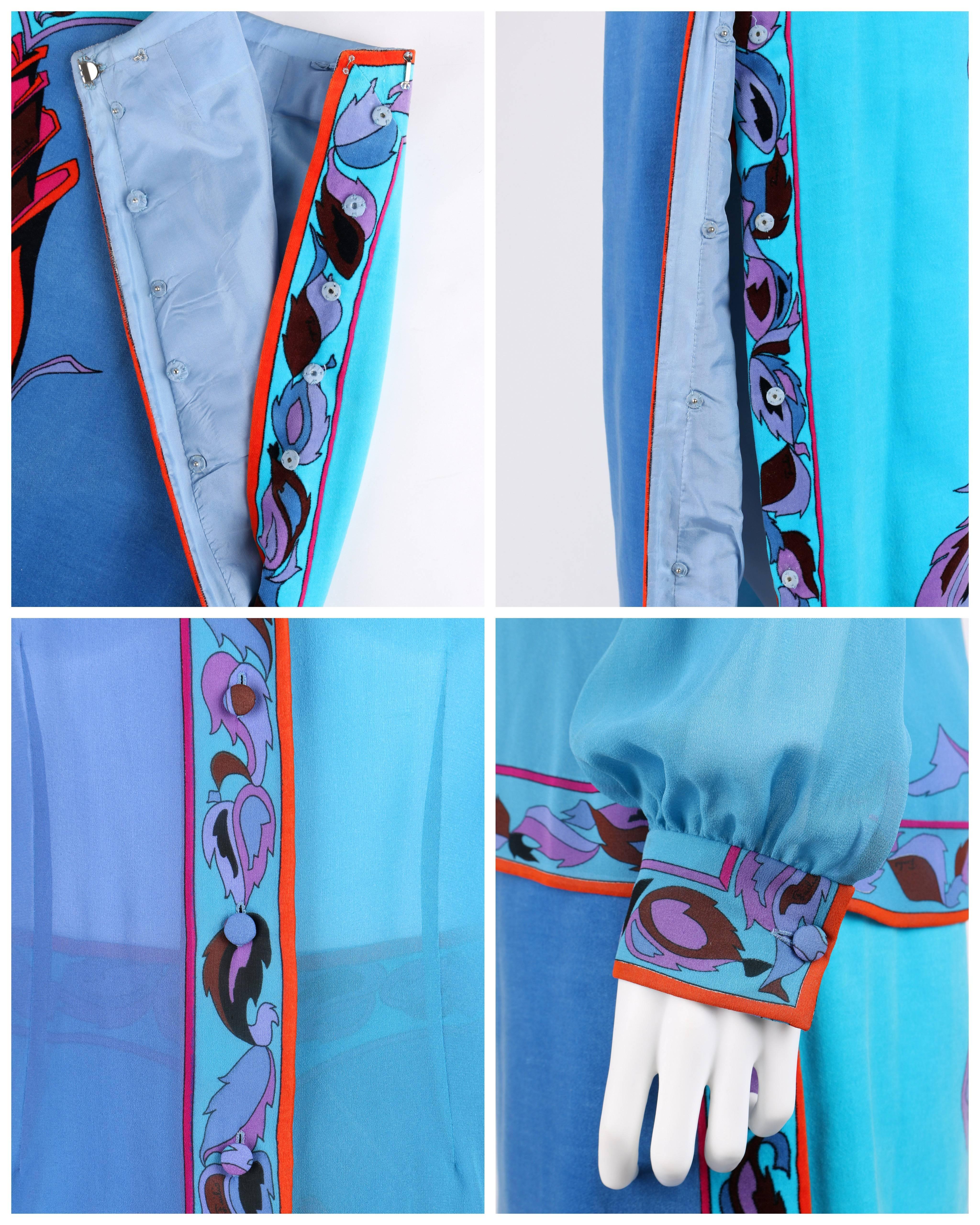 EMILIO PUCCI c.1970's Teal Blue Long Stem Rose 2 Piece Blouse Maxi Skirt Set 3