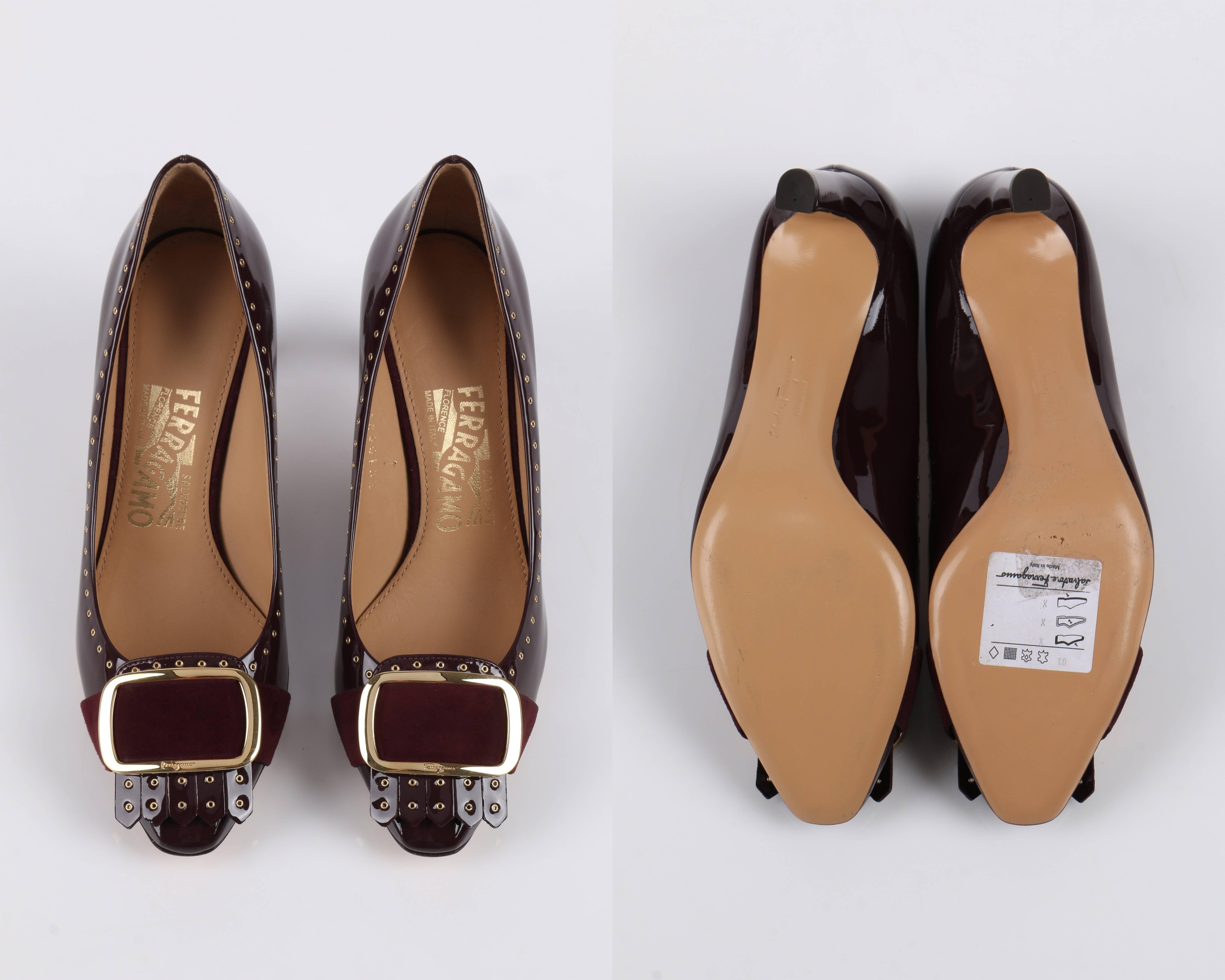 SALVATORE FERRAGAMO Burgundy Gold Buckle Fringe Patent Leather Pumps Heels Shoe In New Condition In Thiensville, WI